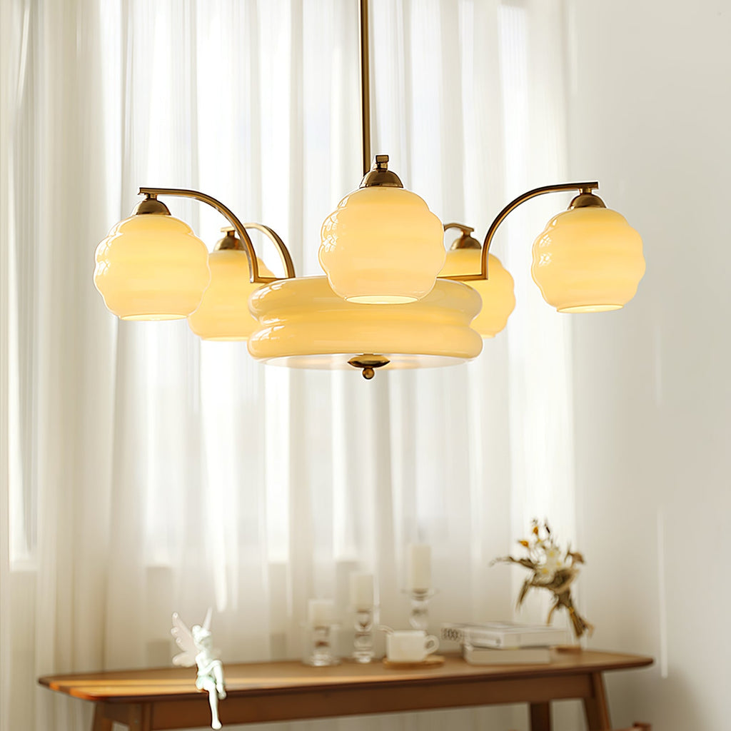Art Deco Vintage Chandelier — White Glass Shade Ceiling Light for Dining Room
