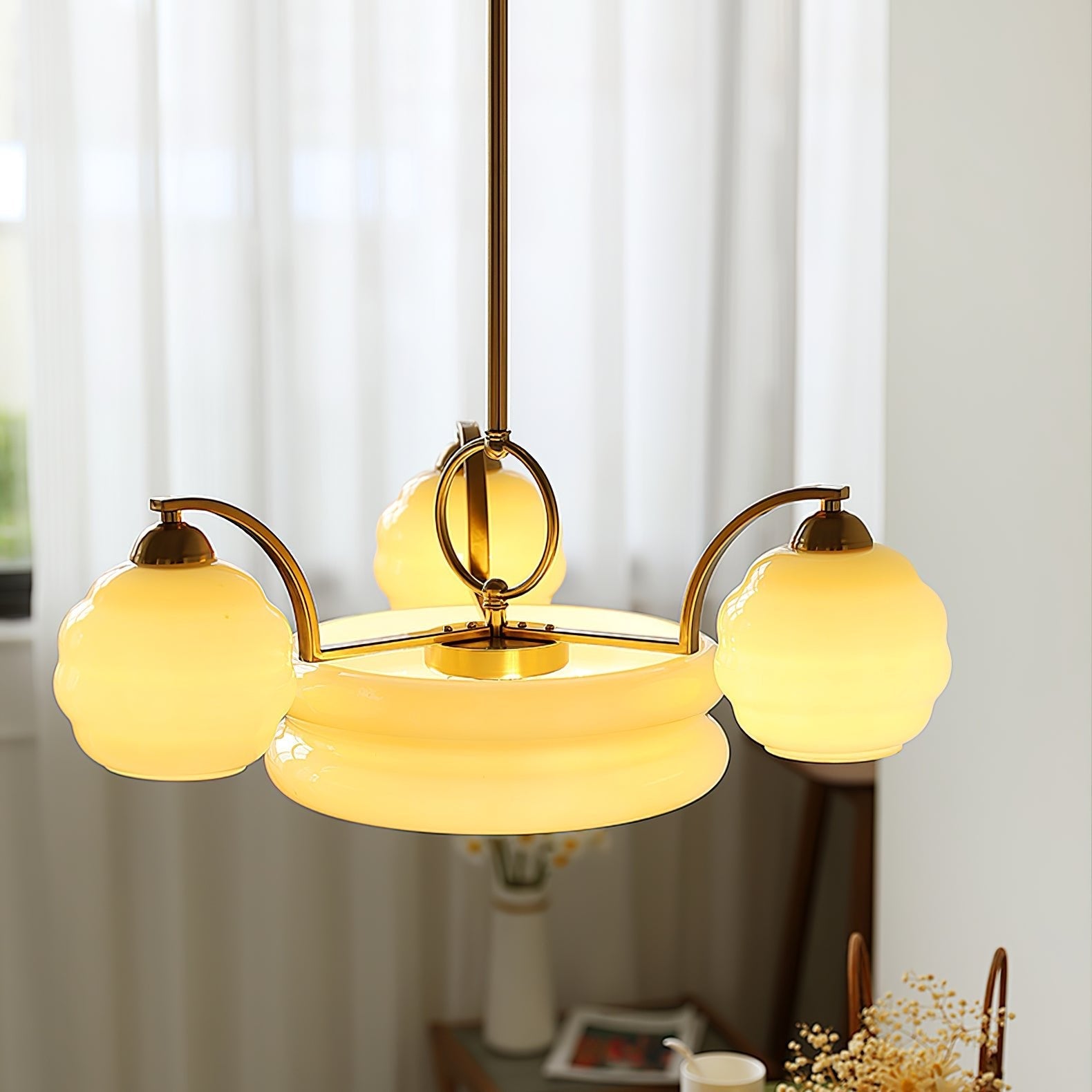 Art Deco Vintage Chandelier — White Glass Shade Ceiling Light for Dining Room