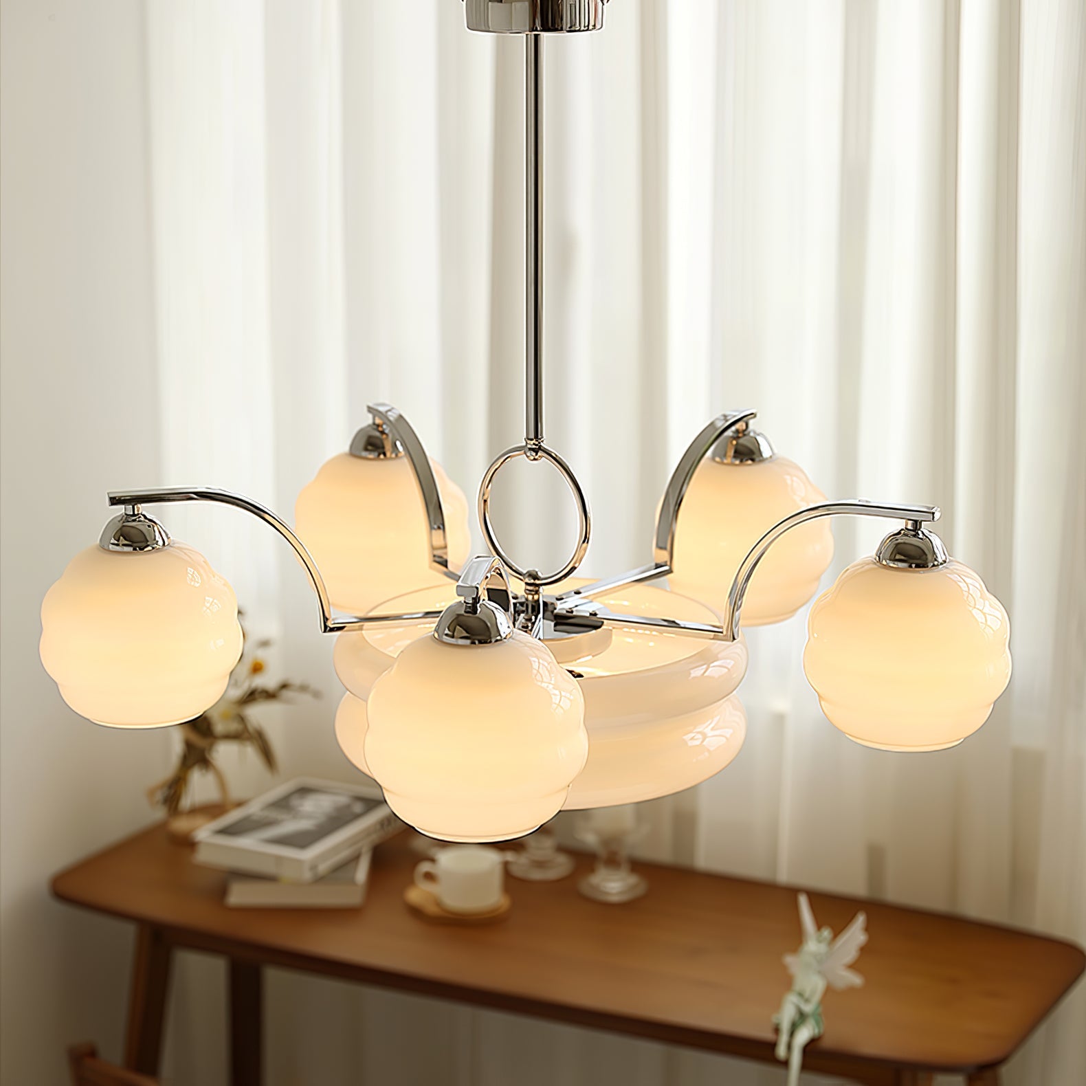 Art Deco Vintage Chandelier — White Glass Shade Ceiling Light for Dining Room