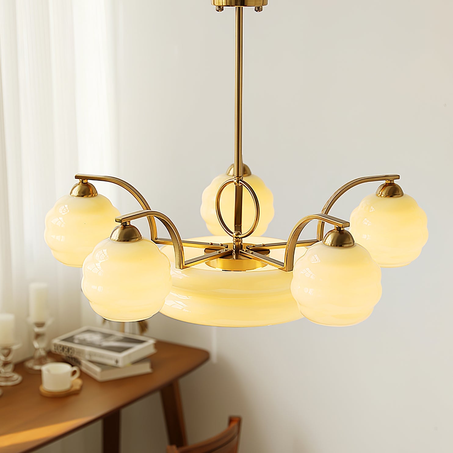 Art Deco Vintage Chandelier — White Glass Shade Ceiling Light for Dining Room