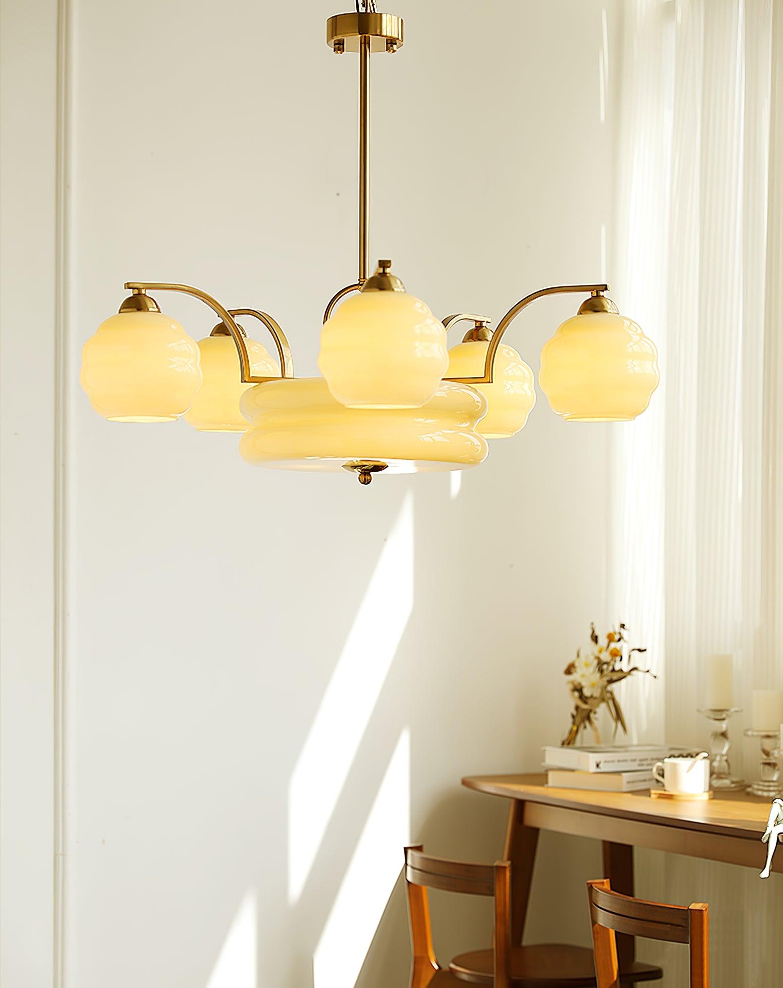 Art Deco Vintage Chandelier — White Glass Shade Ceiling Light for Dining Room