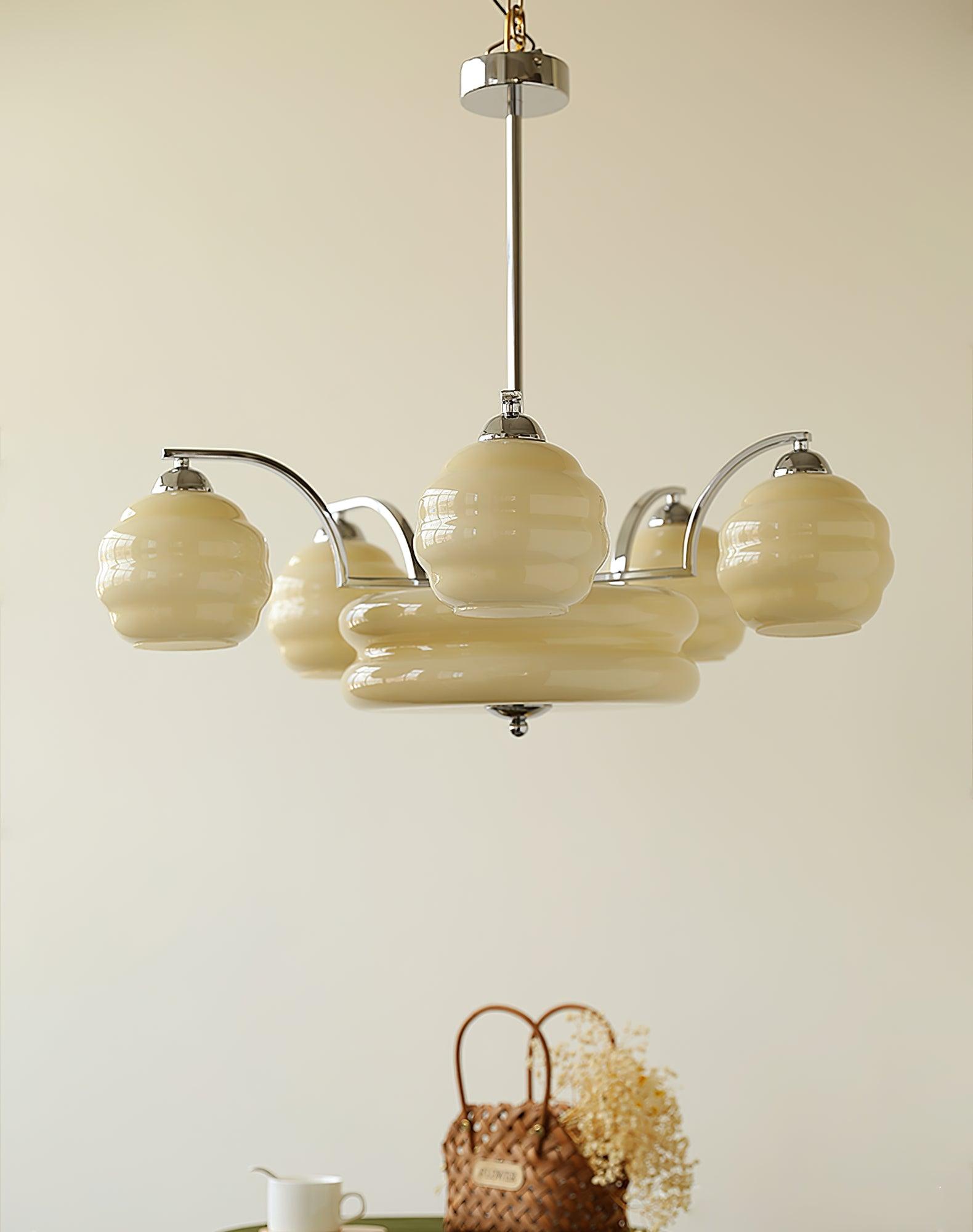 Art Deco Vintage Chandelier — White Glass Shade Ceiling Light for Dining Room