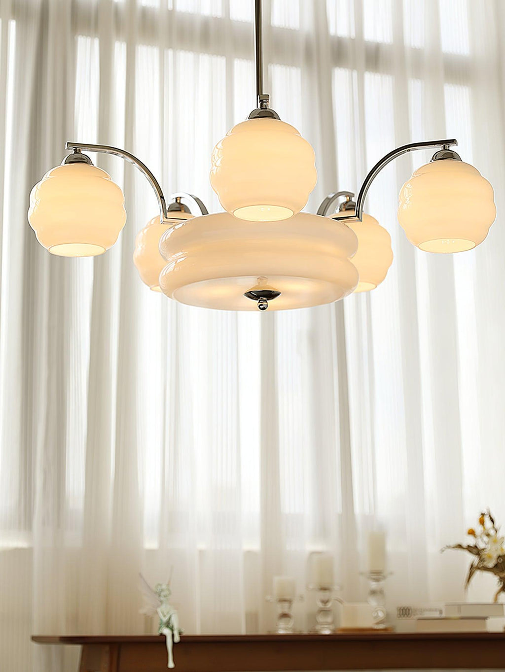 Art Deco Vintage Chandelier — White Glass Shade Ceiling Light for Dining Room