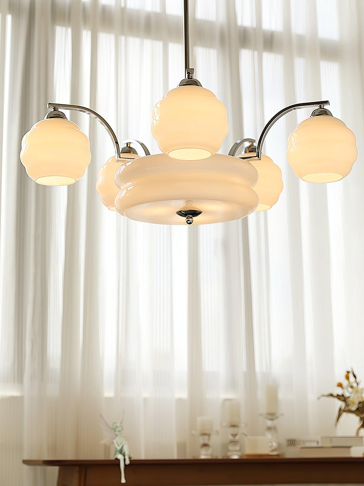 Art Deco Vintage Chandelier — White Glass Shade Ceiling Light for Dining Room