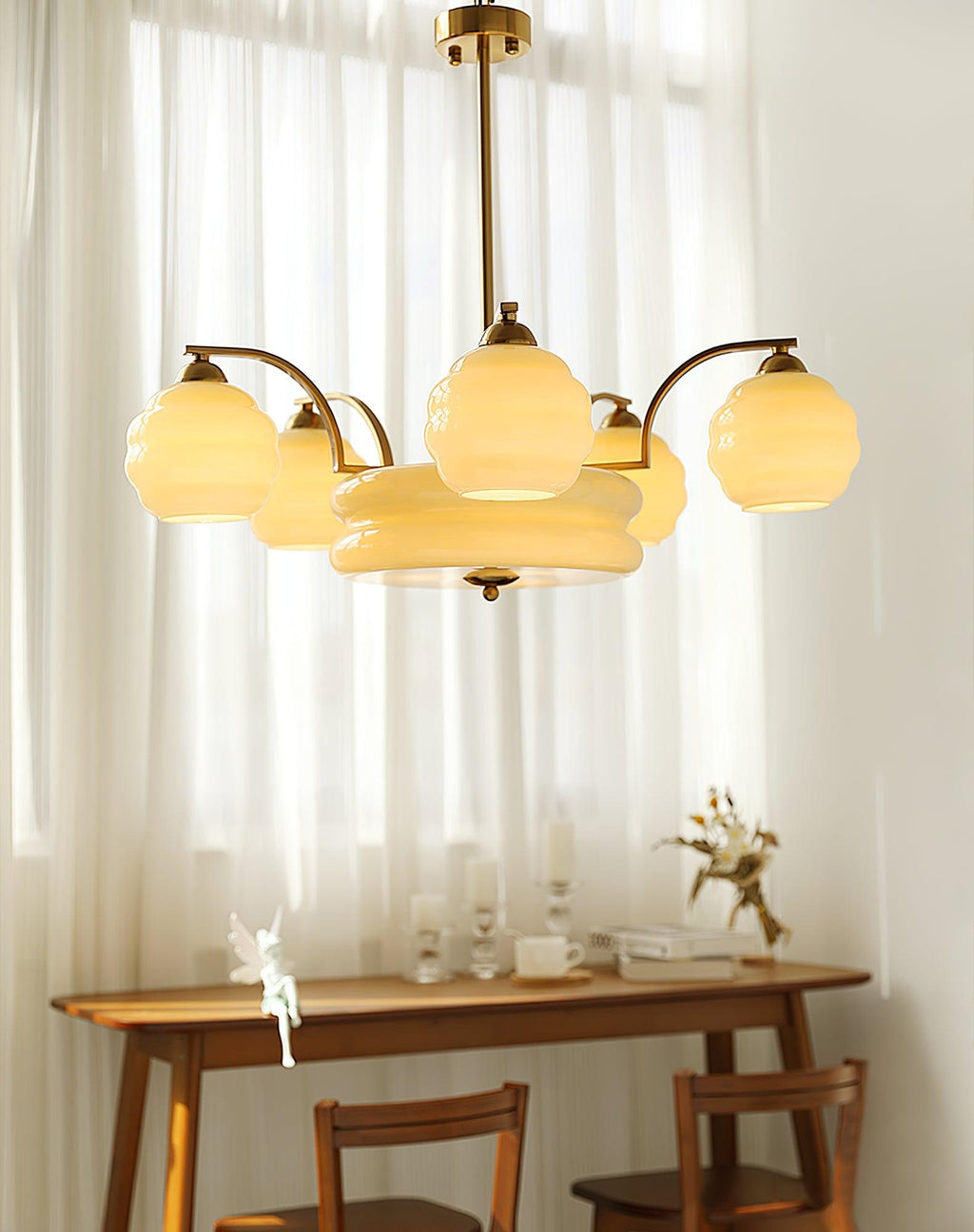 Art Deco Vintage Chandelier — White Glass Shade Ceiling Light for Dining Room
