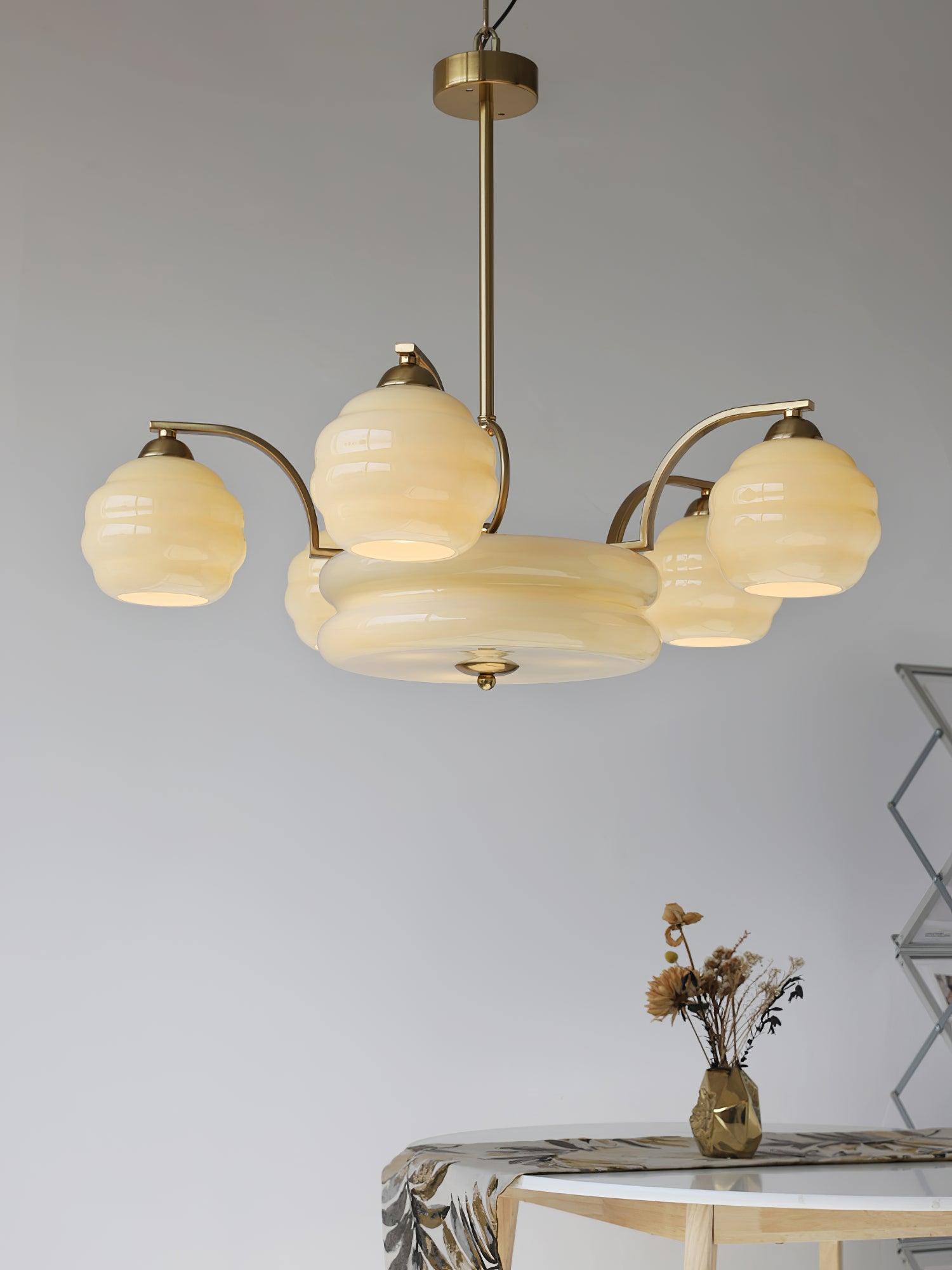 Art Deco Vintage Chandelier — White Glass Shade Ceiling Light for Dining Room