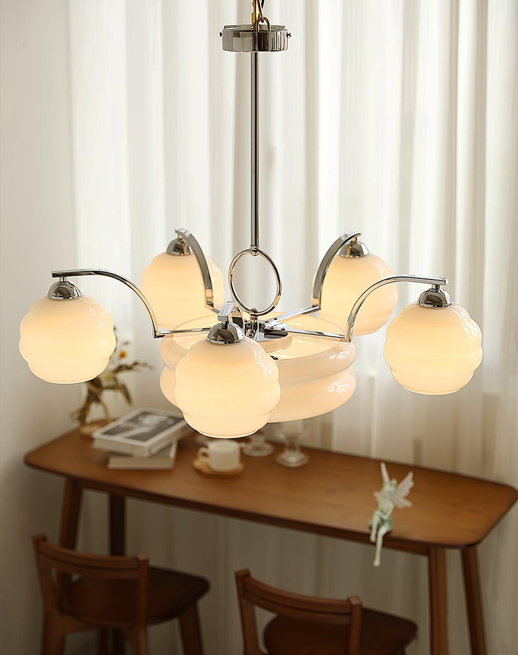 Art Deco Vintage Chandelier — White Glass Shade Ceiling Light for Dining Room