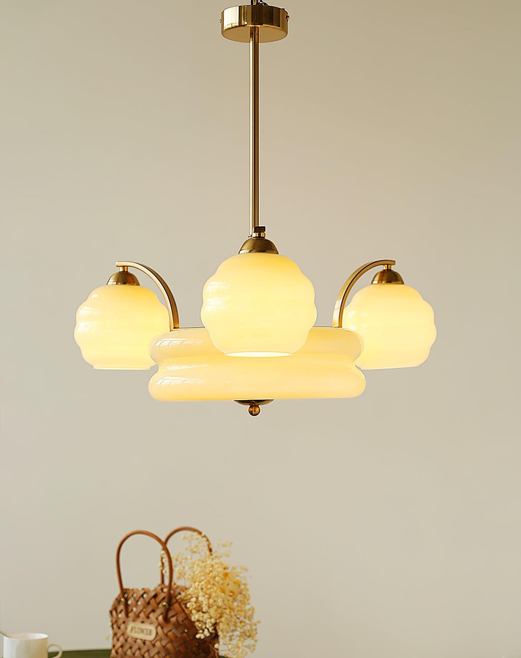 Art Deco Vintage Chandelier — White Glass Shade Ceiling Light for Dining Room