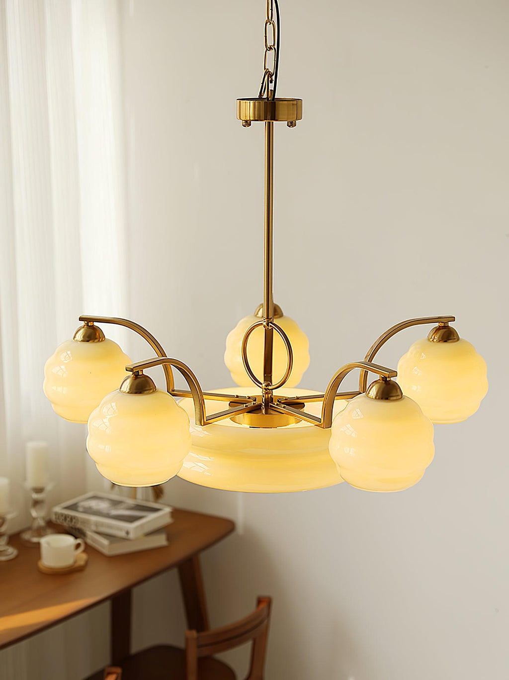 Art Deco Vintage Chandelier — White Glass Shade Ceiling Light for Dining Room