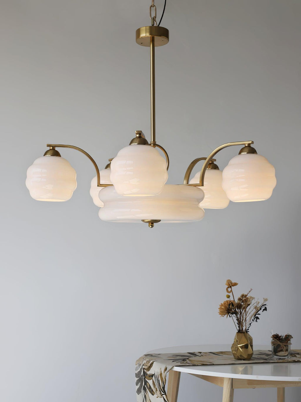 Art Deco Vintage Chandelier — White Glass Shade Ceiling Light for Dining Room