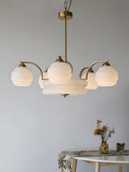 Art Deco Vintage Chandelier — White Glass Shade Ceiling Light for Dining Room