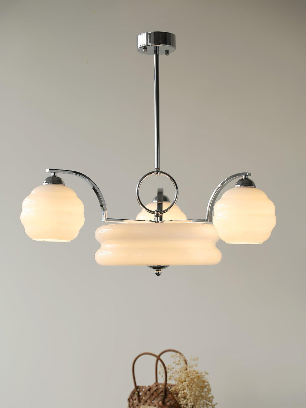 Art Deco Vintage Chandelier — White Glass Shade Ceiling Light for Dining Room
