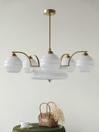 Art Deco Vintage Chandelier — White Glass Shade Ceiling Light for Dining Room