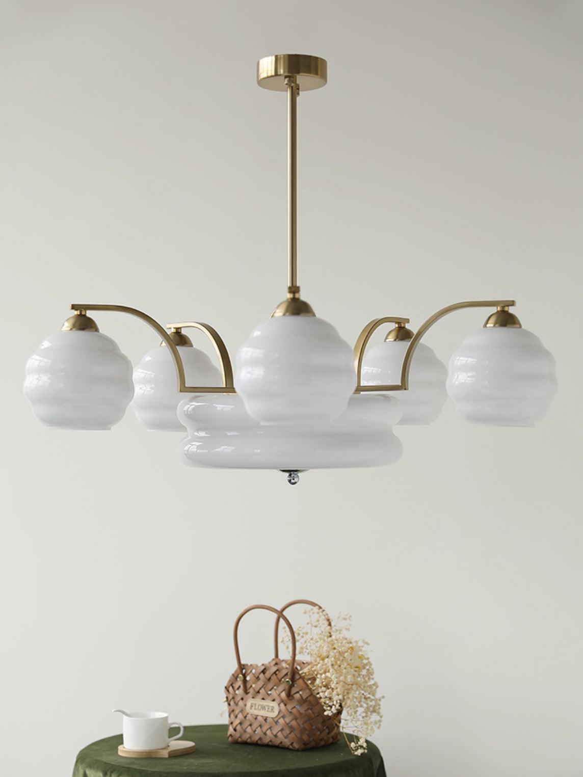 Art Deco Vintage Chandelier — White Glass Shade Ceiling Light for Dining Room