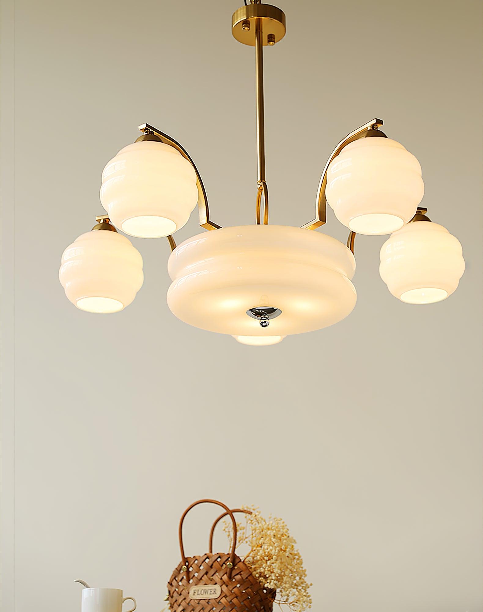 Art Deco Vintage Chandelier — White Glass Shade Ceiling Light for Dining Room