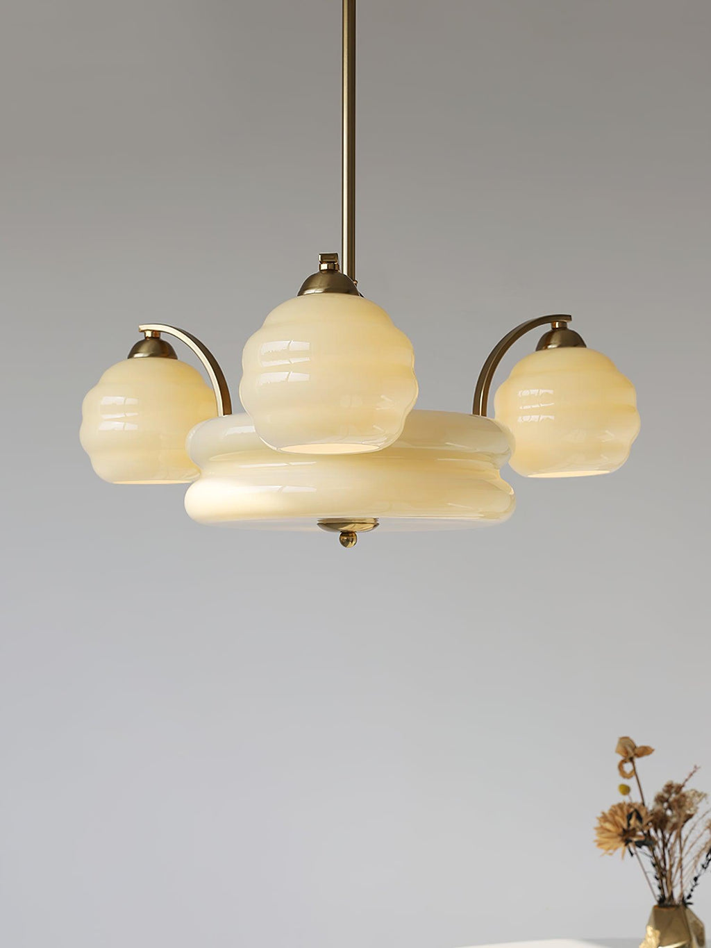 Art Deco Vintage Chandelier — White Glass Shade Ceiling Light for Dining Room
