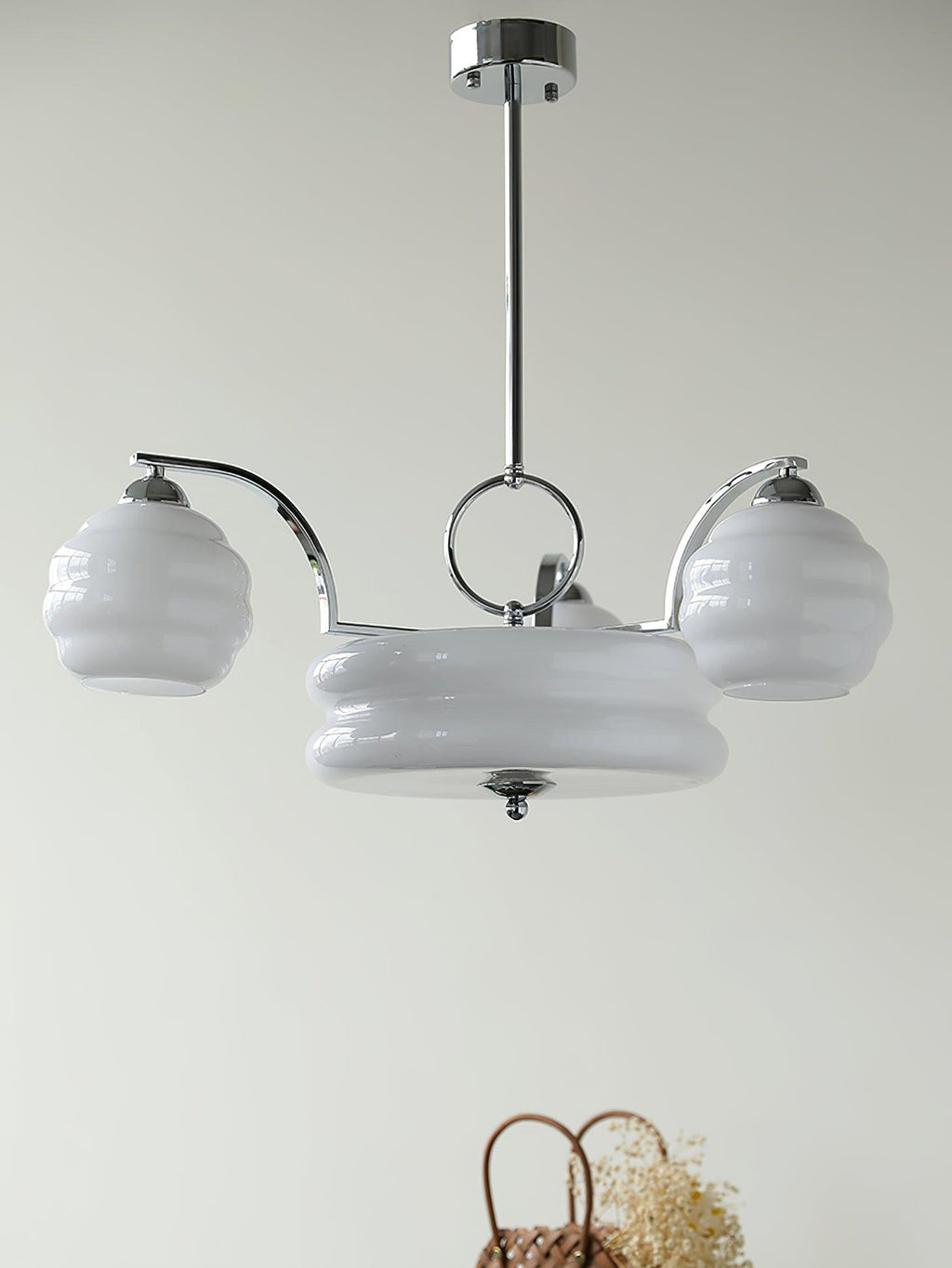 Art Deco Vintage Chandelier — White Glass Shade Ceiling Light for Dining Room