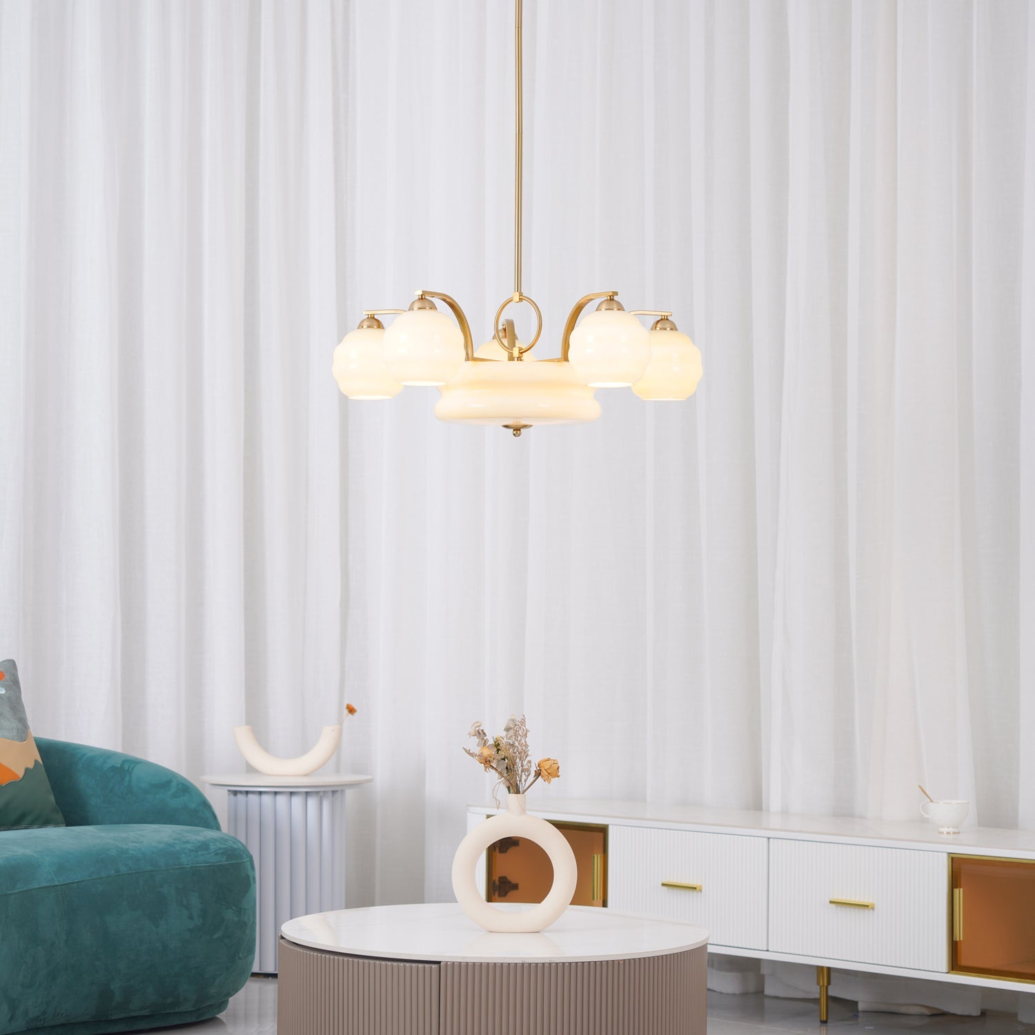 Art Deco Vintage Chandelier — White Glass Shade Ceiling Light for Dining Room