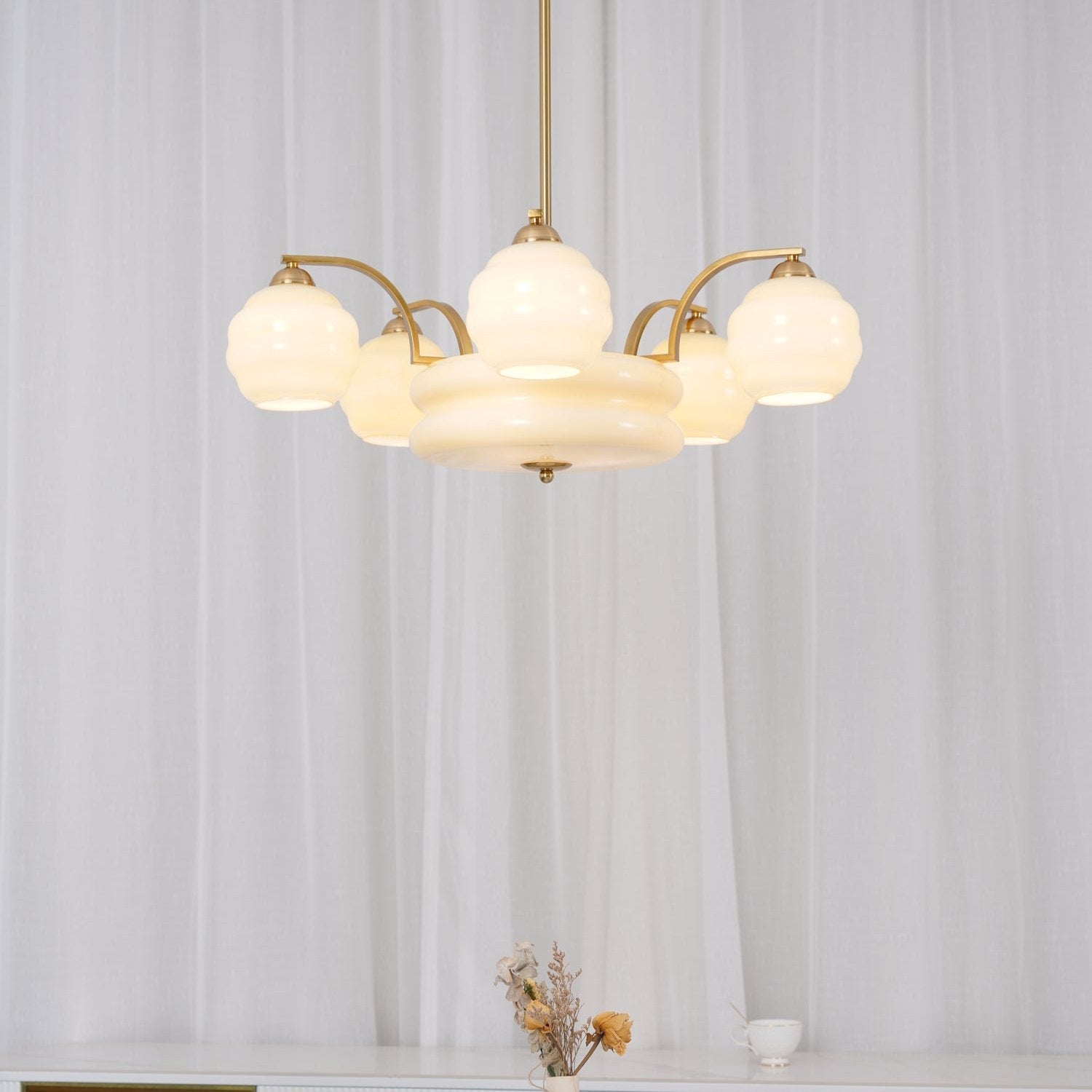 Art Deco Vintage Chandelier — White Glass Shade Ceiling Light for Dining Room