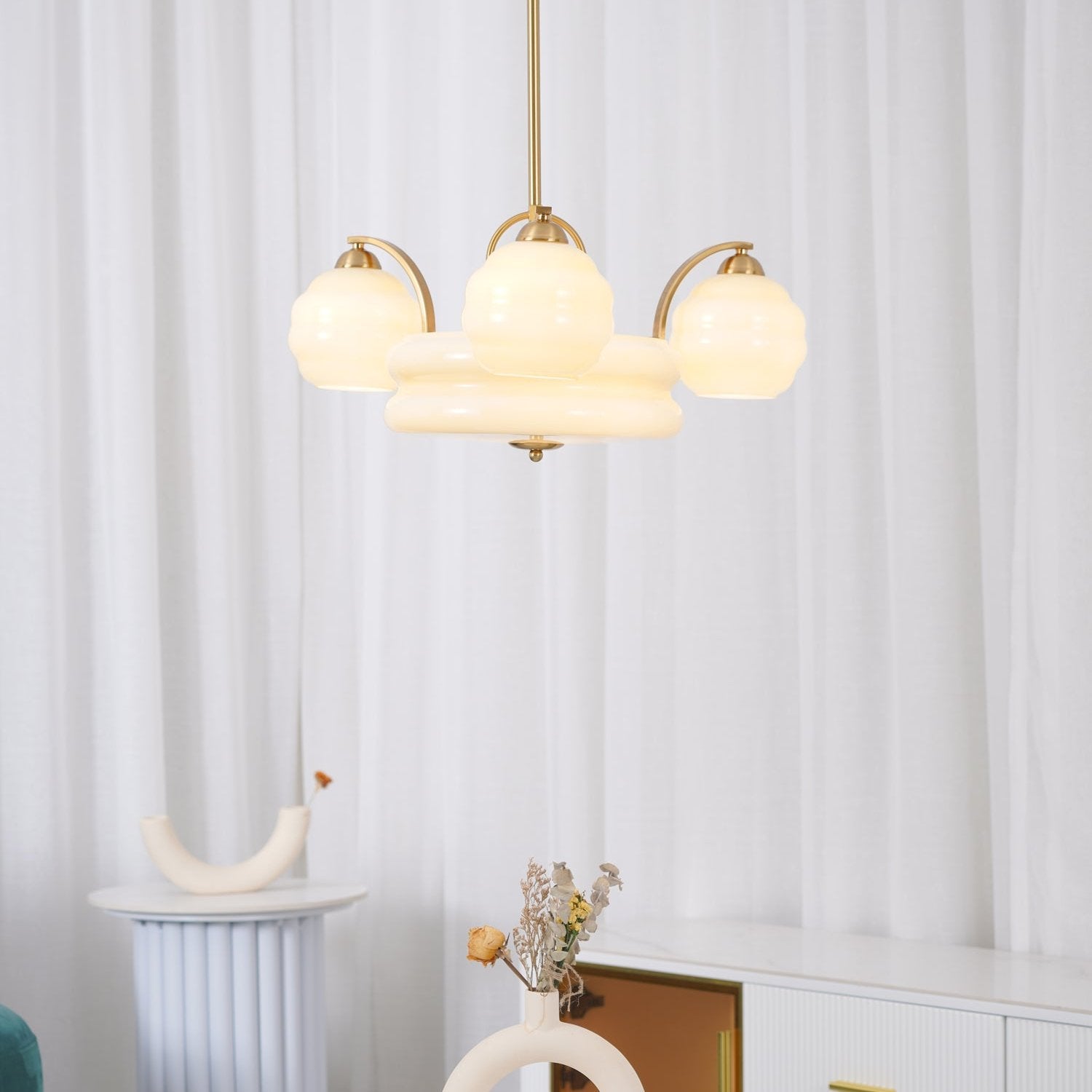 Art Deco Vintage Chandelier — White Glass Shade Ceiling Light for Dining Room