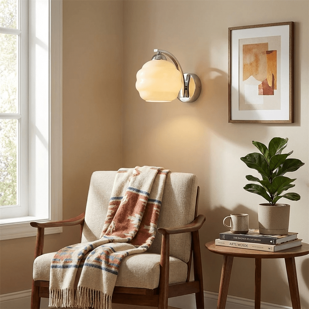 Art Deco Vintage Wall Lamp — White Glass Wall Sconce for Bedroom & Hallway