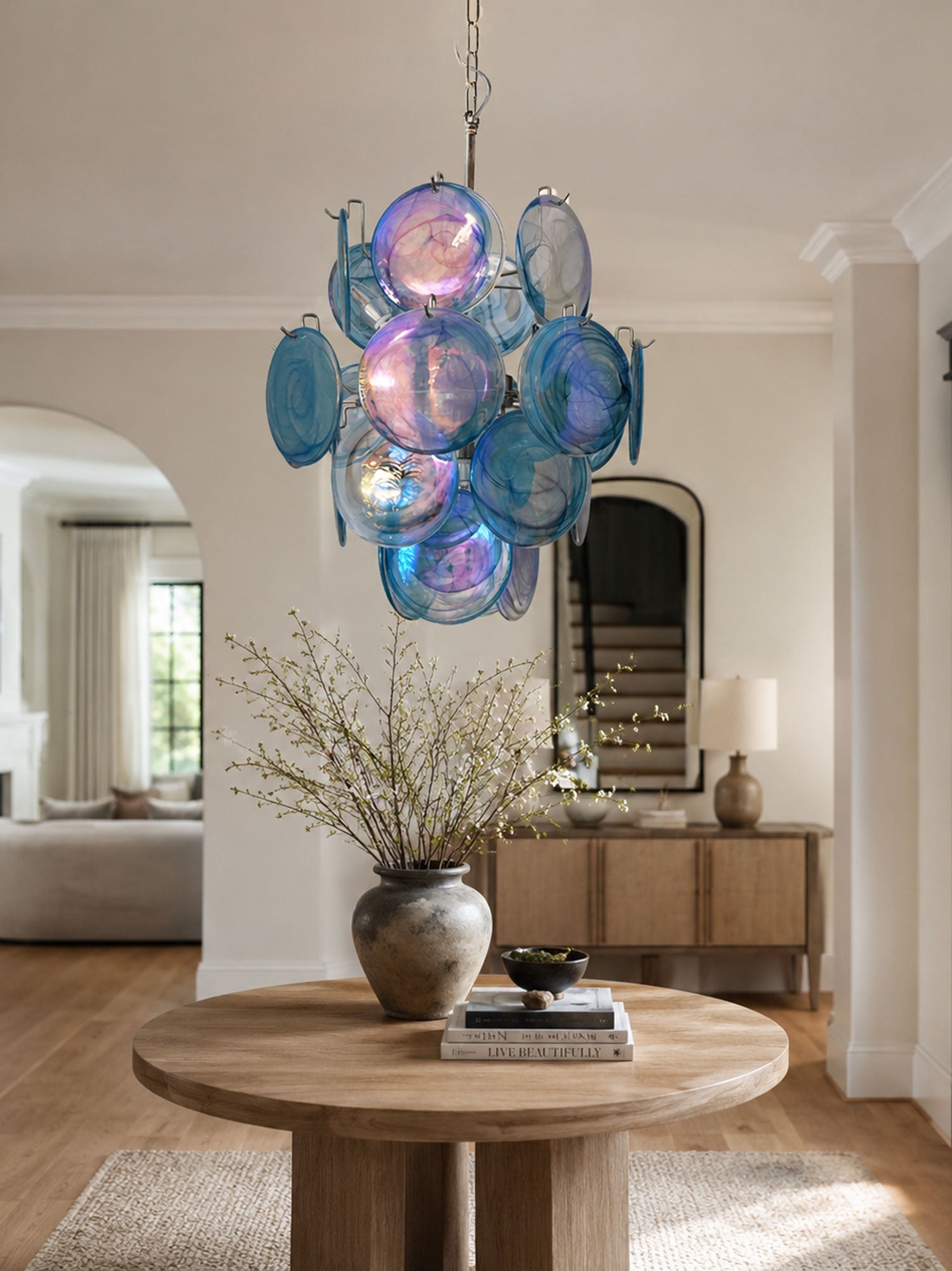Blue Disc Glass Chandelier — Stacked Glass Disc Ceiling Light for Living Room