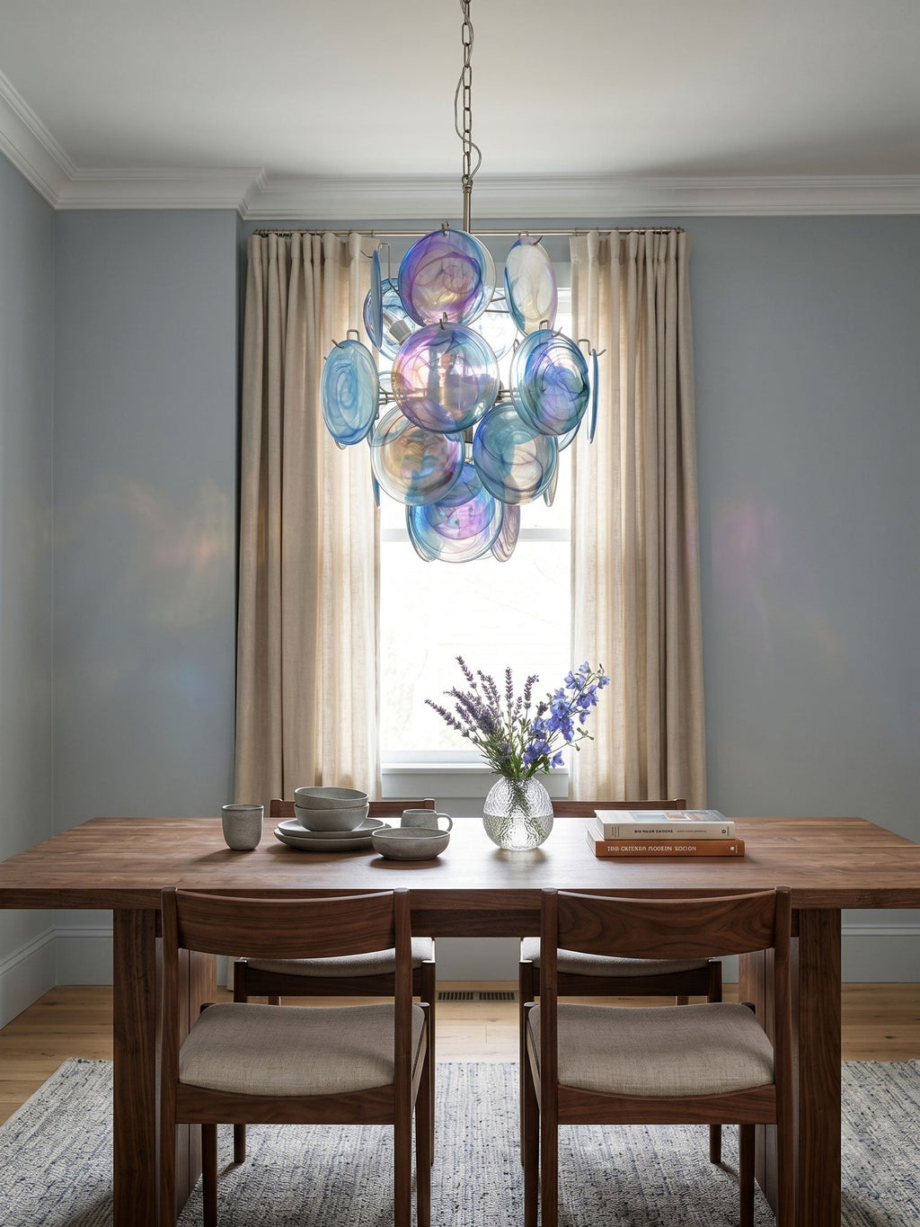 Blue Disc Glass Chandelier — Stacked Glass Disc Ceiling Light for Living Room