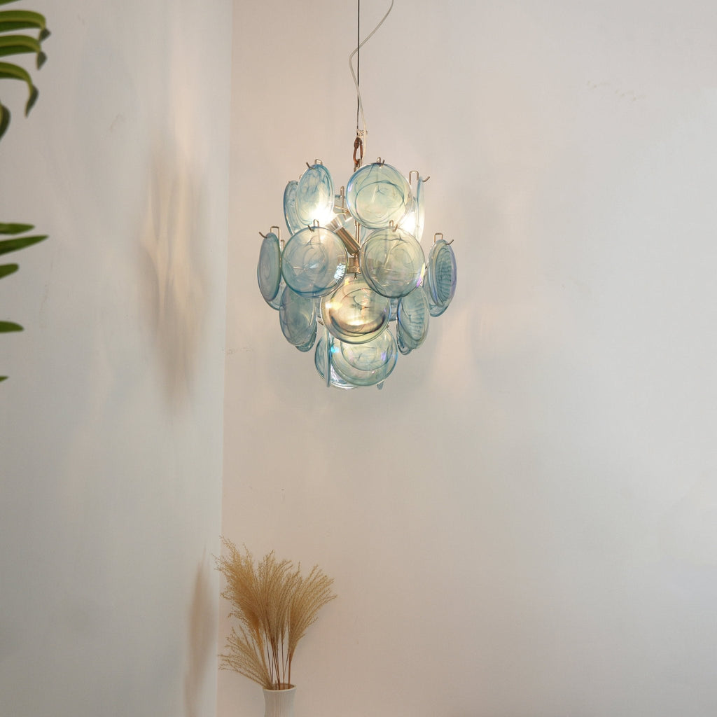 Blue Disc Glass Chandelier — Stacked Glass Disc Ceiling Light for Living Room