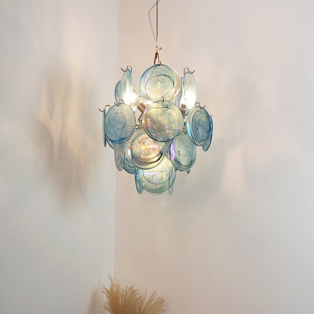 Blue Disc Glass Chandelier — Stacked Glass Disc Ceiling Light for Living Room