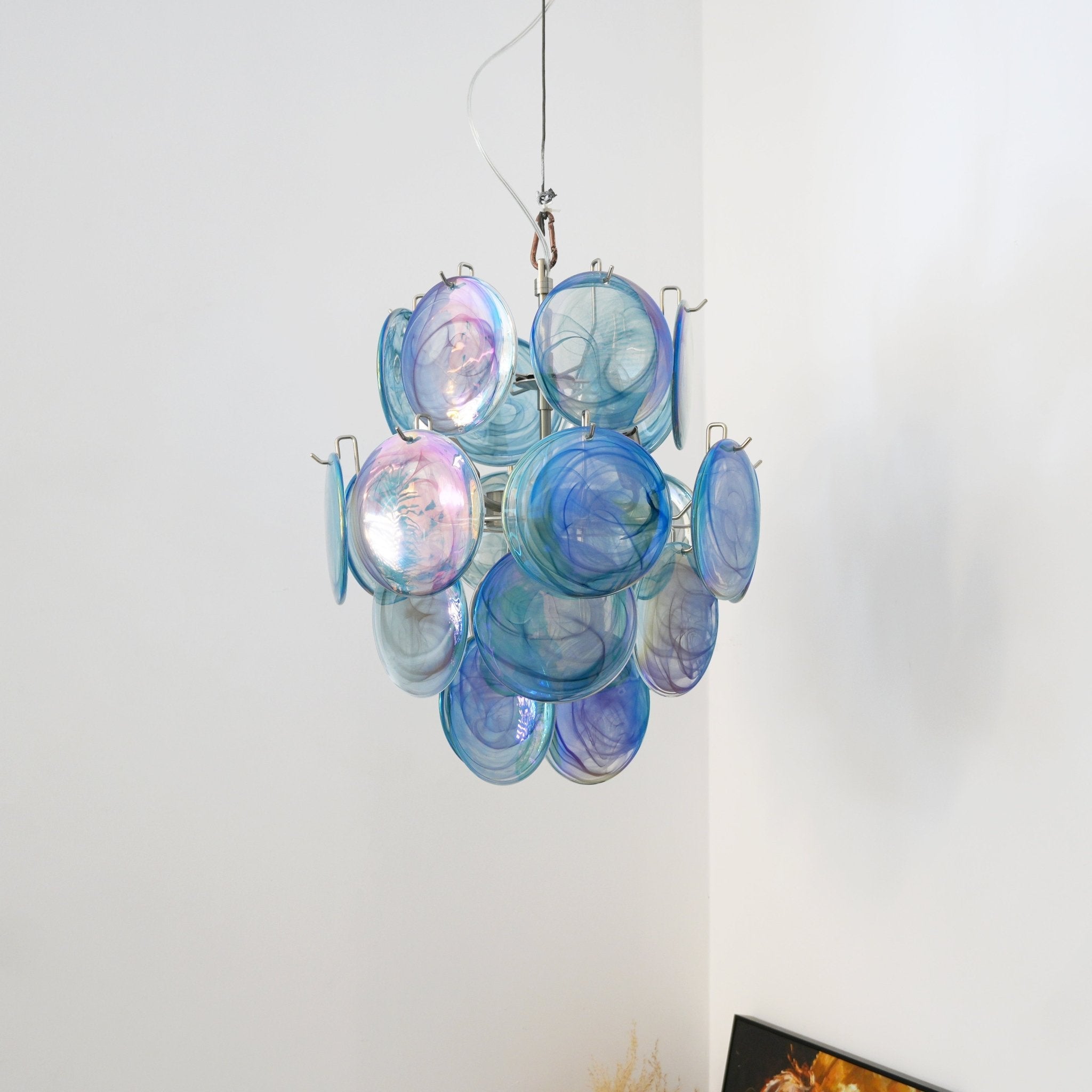 Blue Disc Glass Chandelier — Stacked Glass Disc Ceiling Light for Living Room