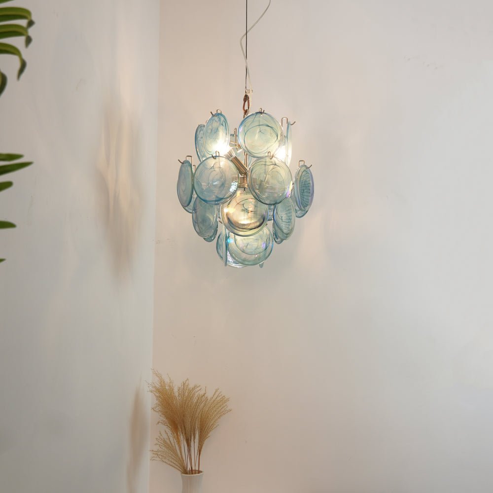 Blue Disc Glass Chandelier — Stacked Glass Disc Ceiling Light for Living Room