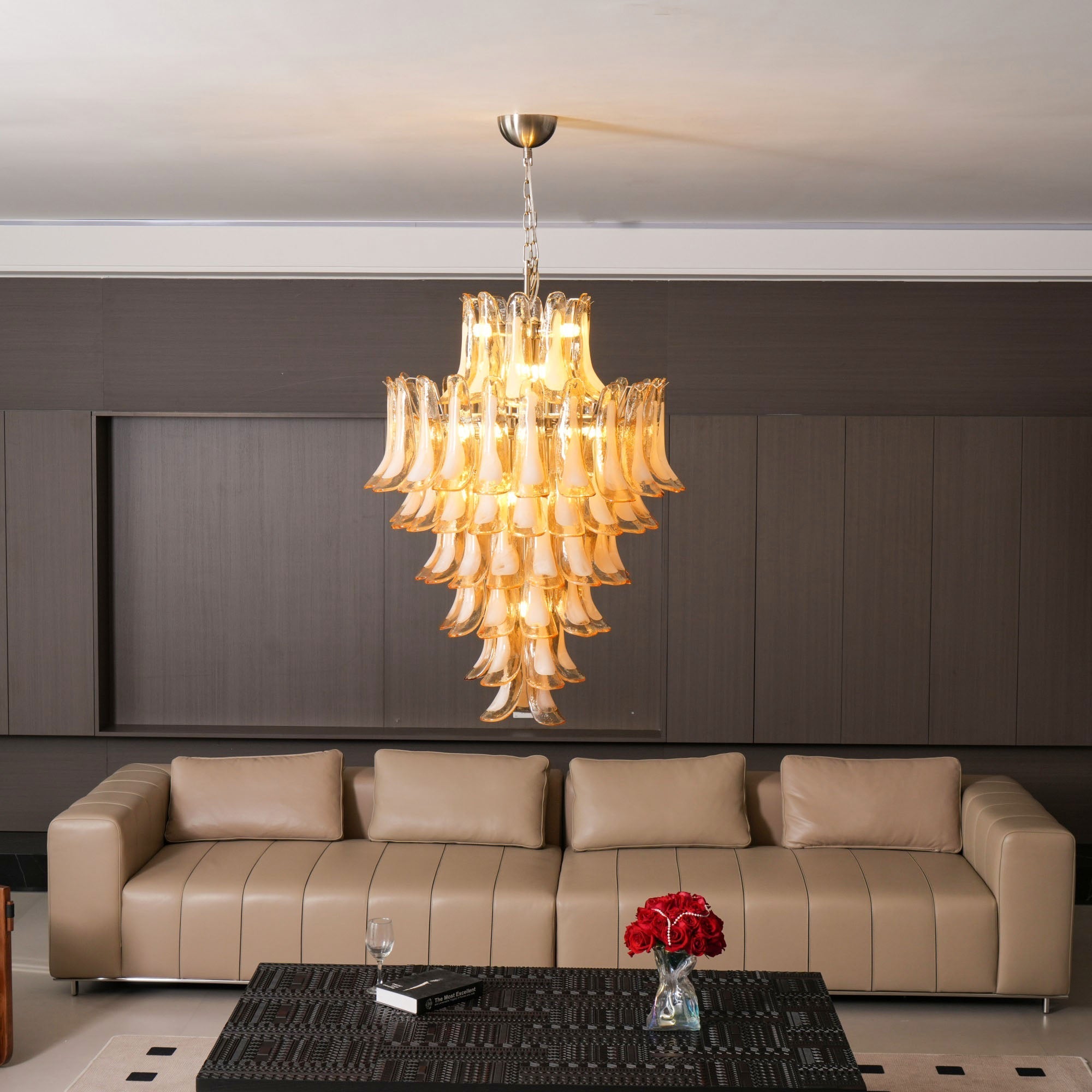 Amber Cloud Glass Petals Chandelier — Cluster Petal Ceiling Light for Stairwell