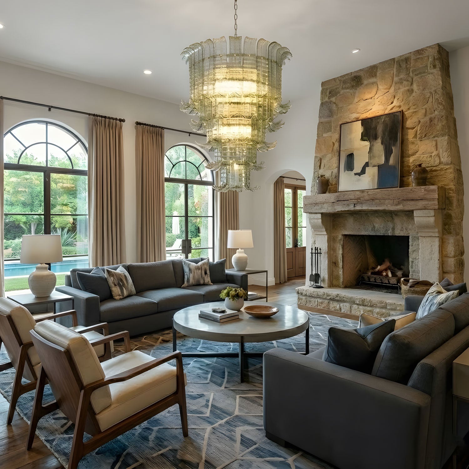 Cascade Glass Green Chandelier — Cascading Green Glass Light for Dining Room