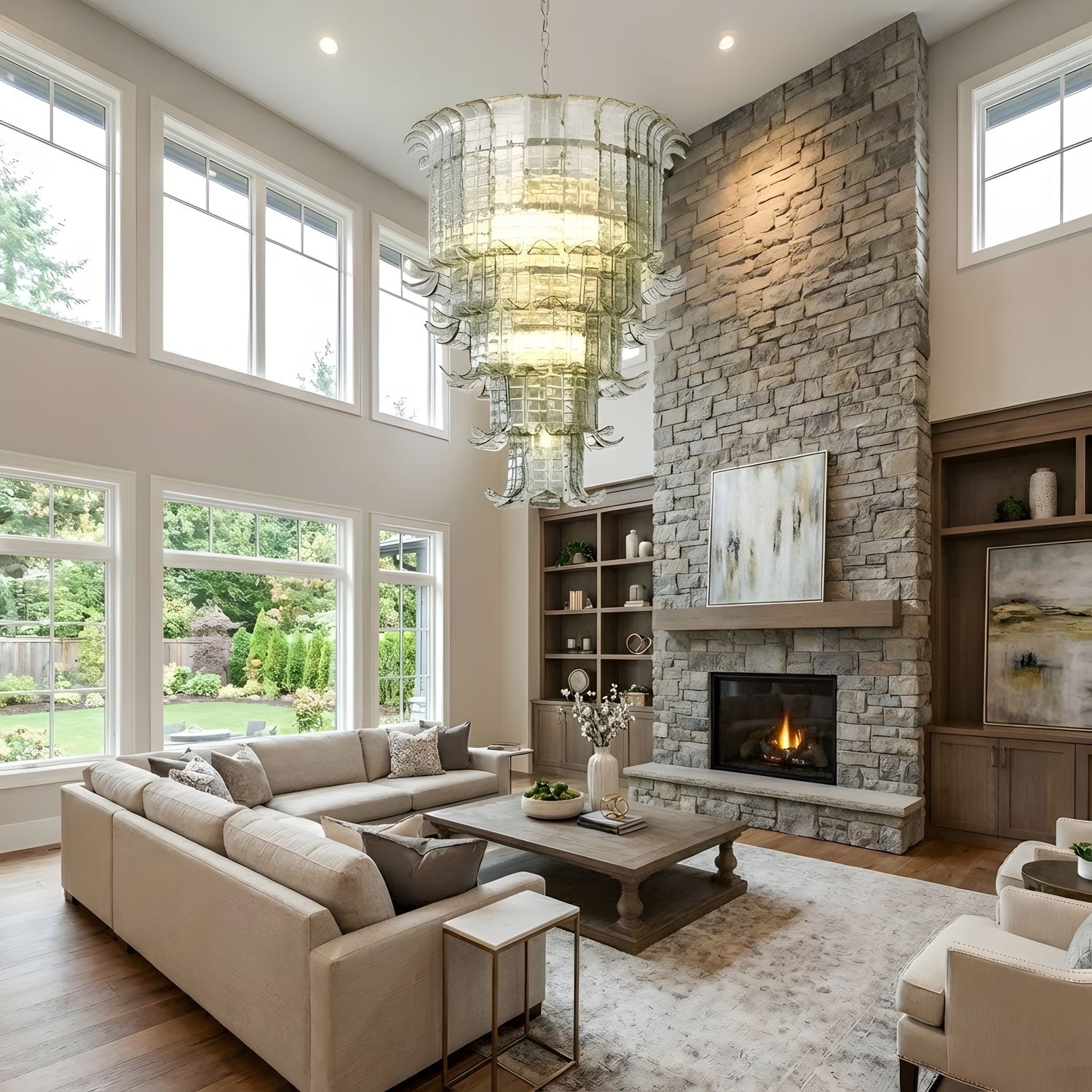 Cascade Glass Green Chandelier — Cascading Green Glass Light for Dining Room