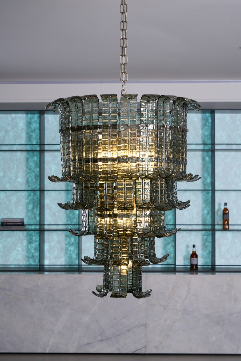 Cascade Glass Green Chandelier — Cascading Green Glass Light for Dining Room
