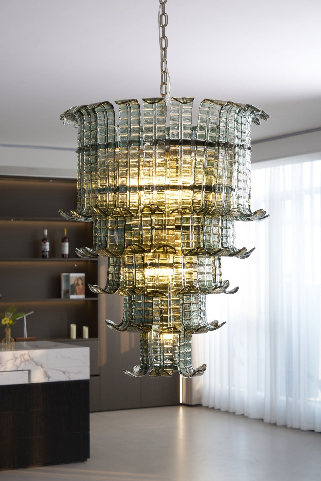 Cascade Glass Green Chandelier — Cascading Green Glass Light for Dining Room