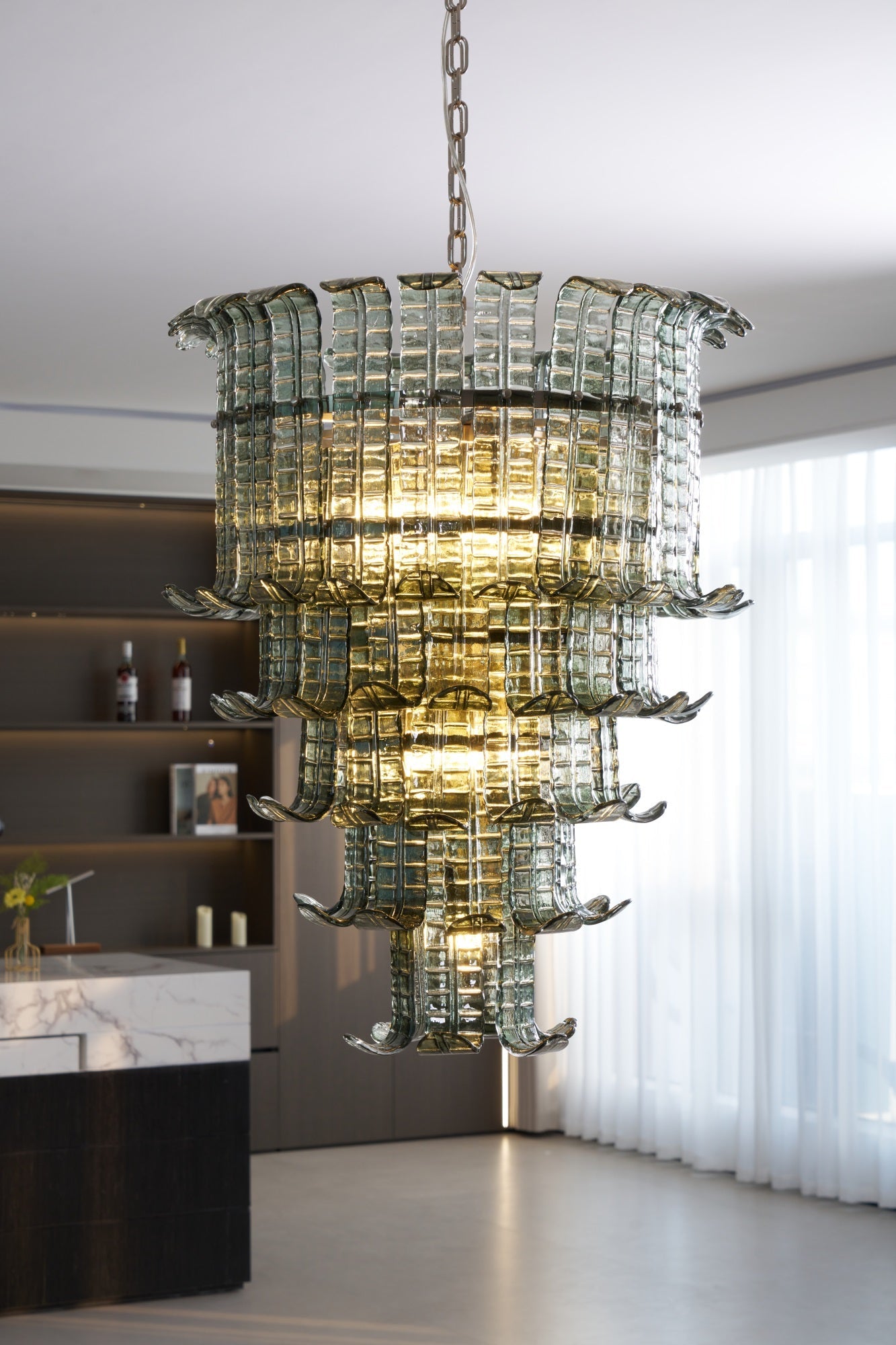 Cascade Glass Green Chandelier — Cascading Green Glass Light for Dining Room