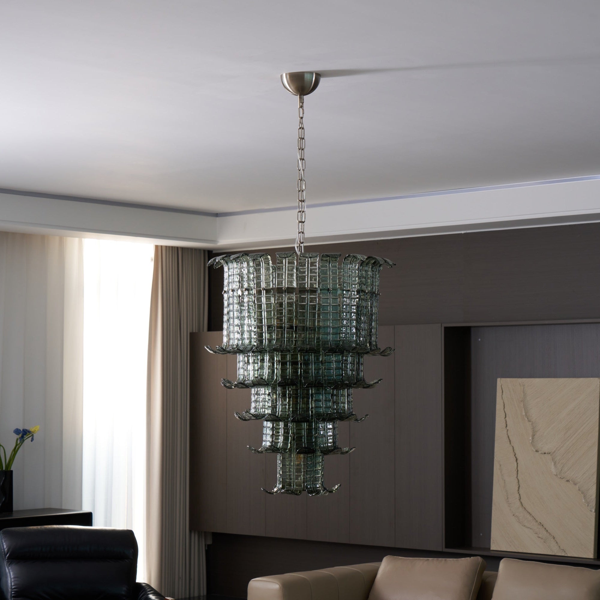 Cascade Glass Green Chandelier — Cascading Green Glass Light for Dining Room