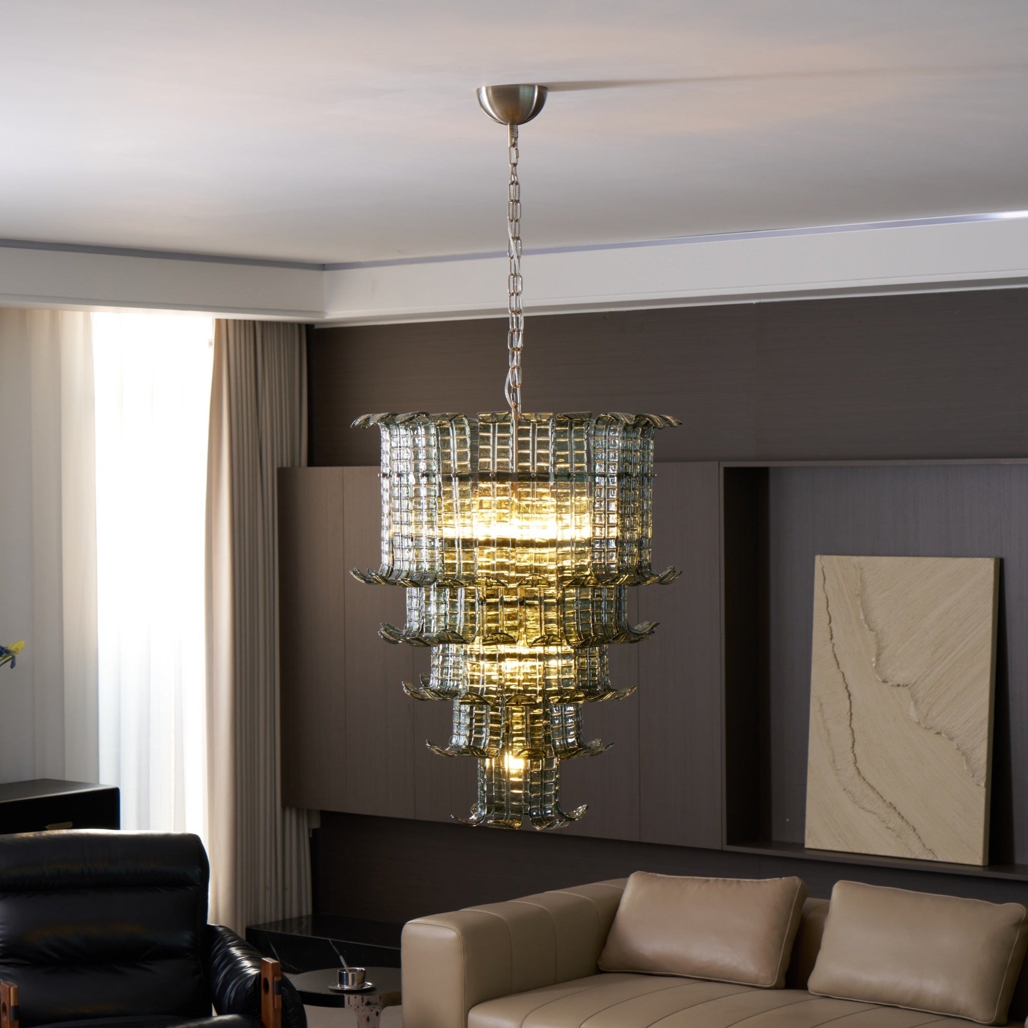 Cascade Glass Green Chandelier — Cascading Green Glass Light for Dining Room