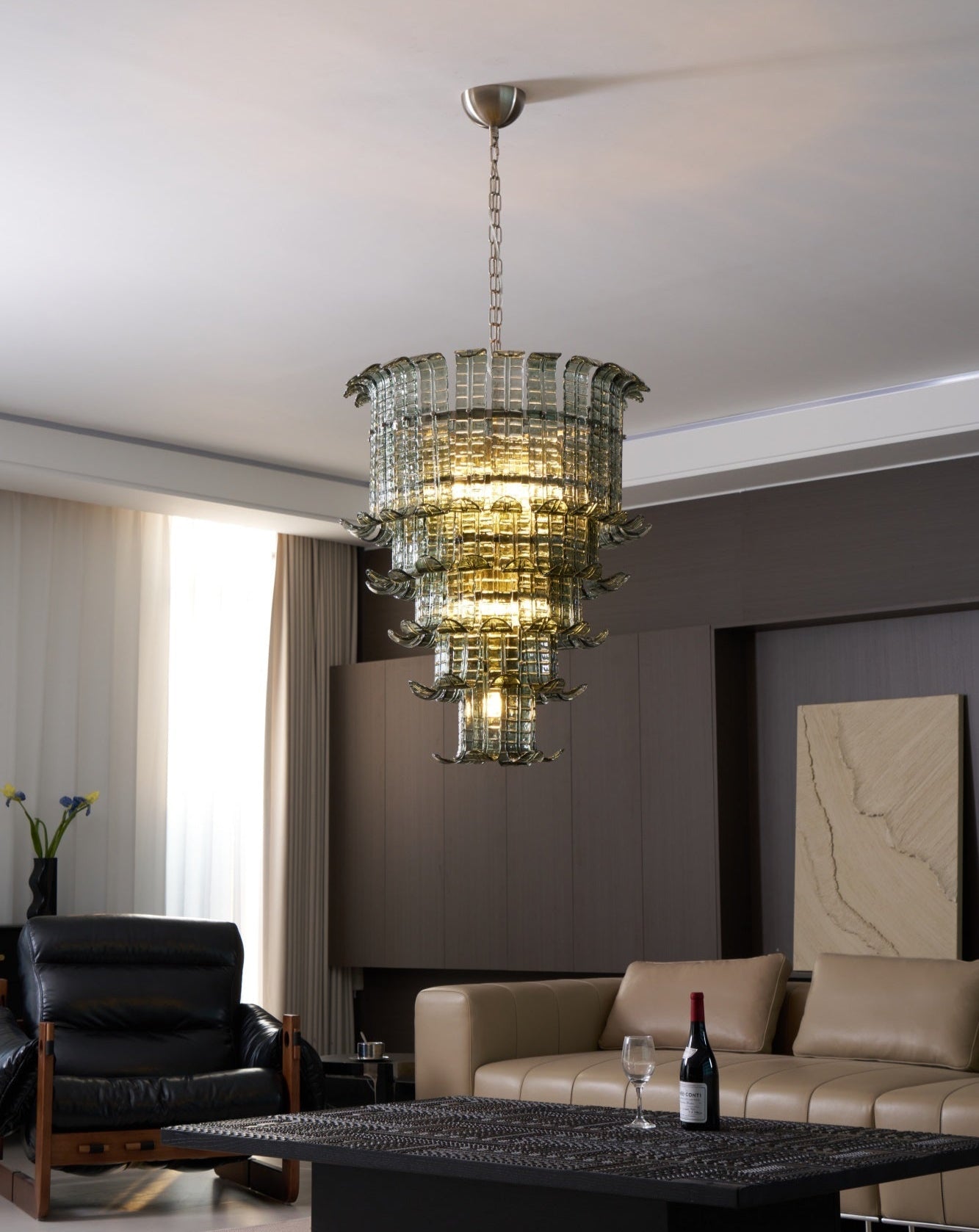 Cascade Glass Green Chandelier — Cascading Green Glass Light for Dining Room