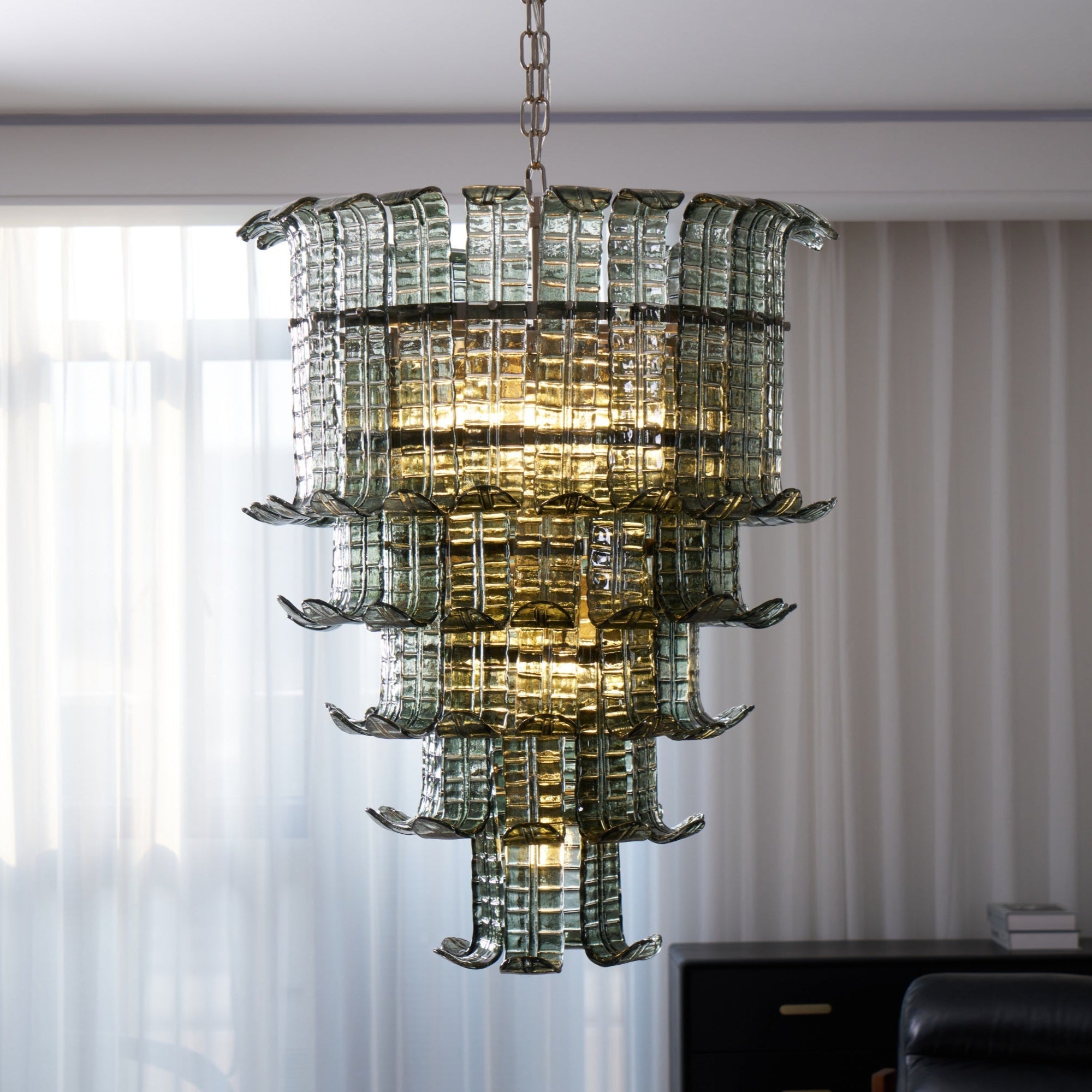 Cascade Glass Green Chandelier — Cascading Green Glass Light for Dining Room