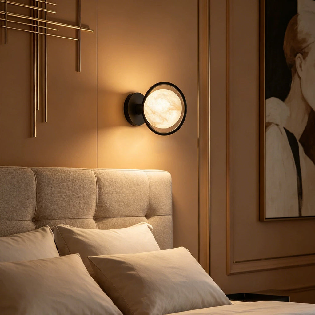 Celestial Ring Alabaster Wall Lamp — Brass Ring Stone Wall Light for Bedroom