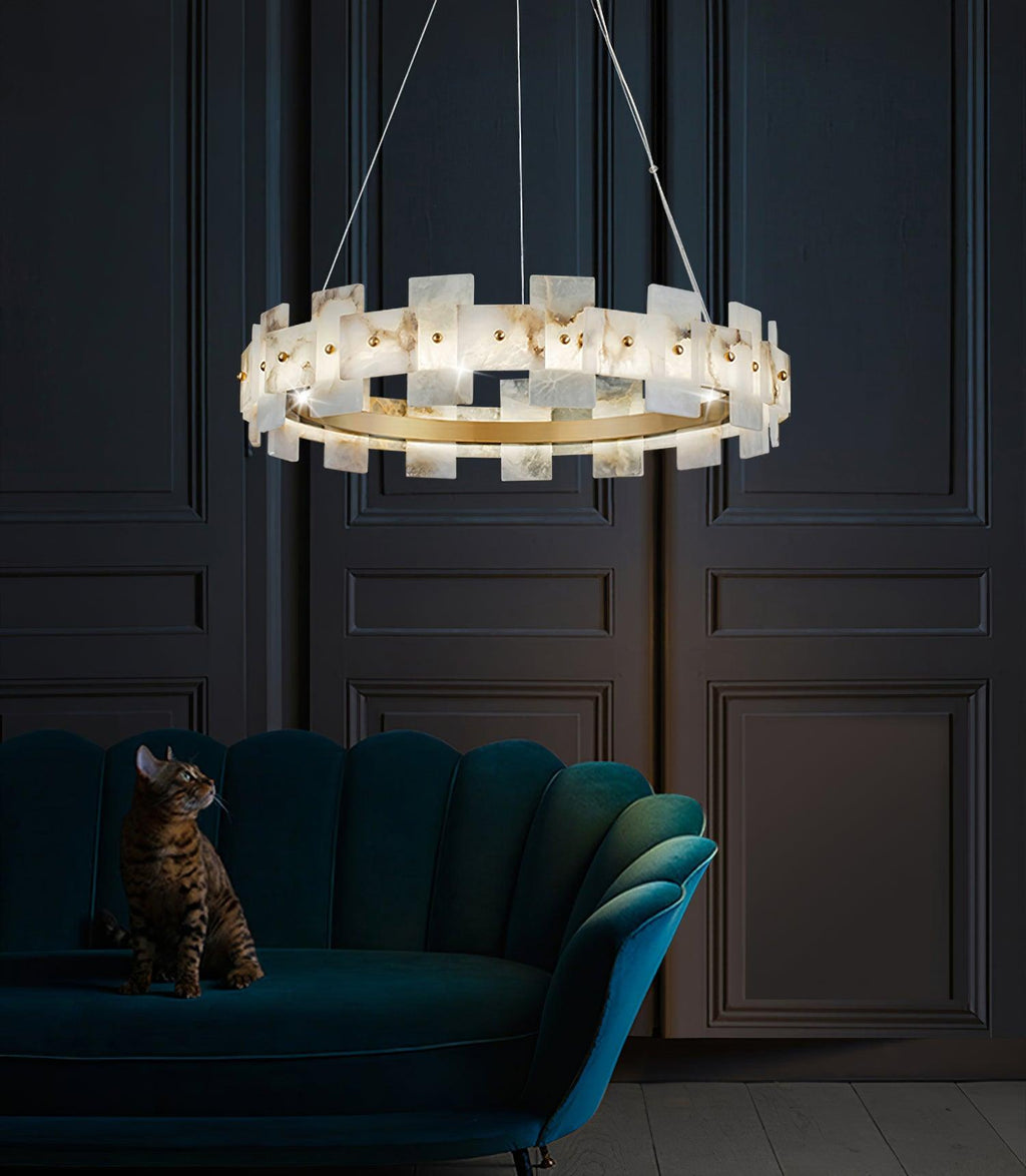 Alabaster Halo Chandelier — Brass Ring Alabaster Ceiling Light for Dining Room