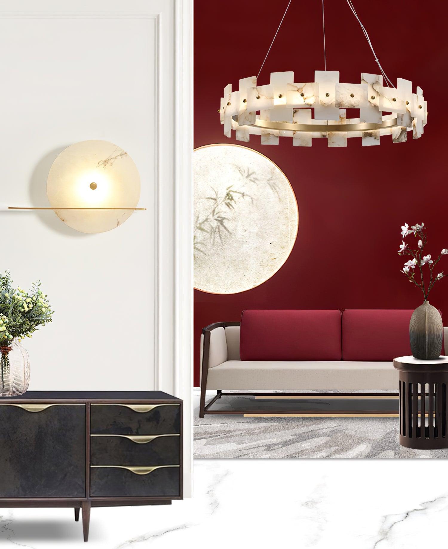Alabaster Halo Chandelier — Brass Ring Alabaster Ceiling Light for Dining Room