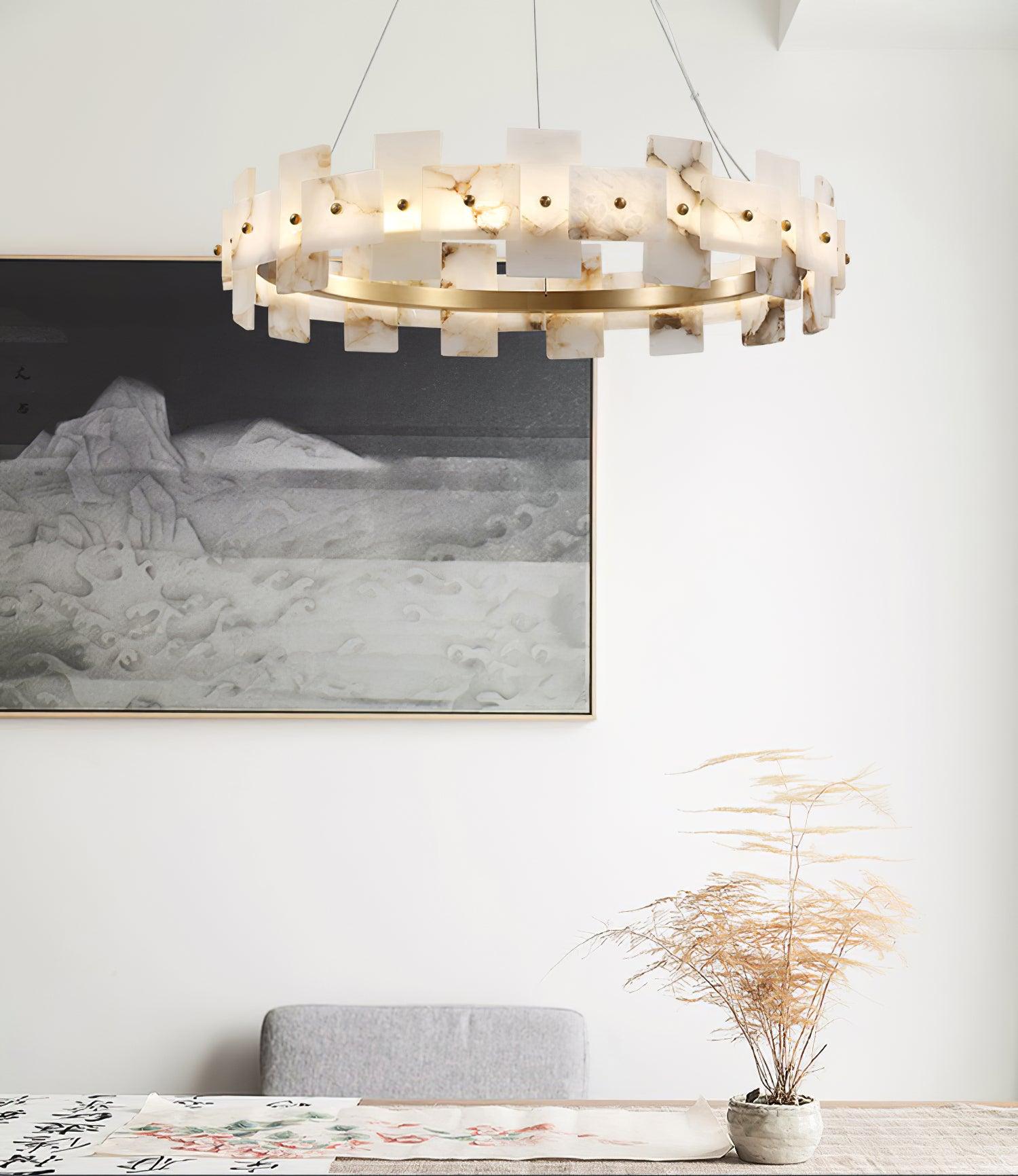 Alabaster Halo Chandelier — Brass Ring Alabaster Ceiling Light for Dining Room