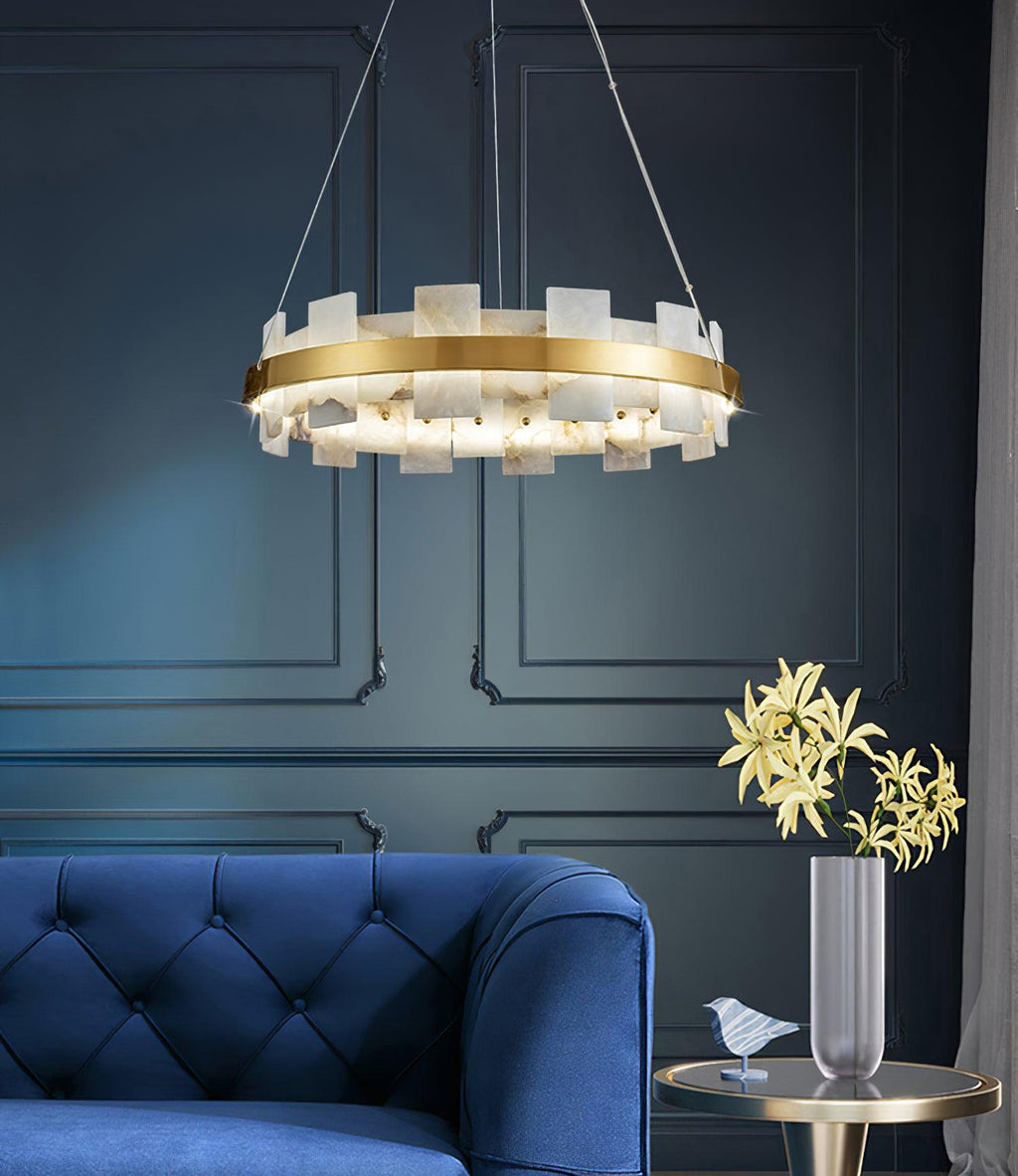 Alabaster Halo Chandelier — Brass Ring Alabaster Ceiling Light for Dining Room