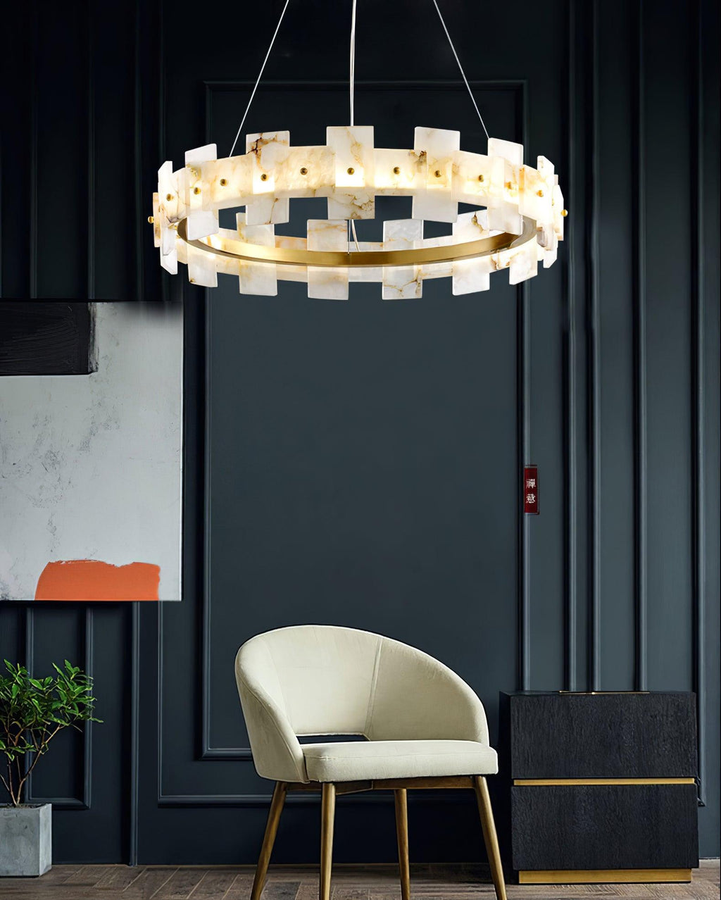 Alabaster Halo Chandelier — Brass Ring Alabaster Ceiling Light for Dining Room