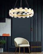 Alabaster Halo Chandelier — Brass Ring Alabaster Ceiling Light for Dining Room