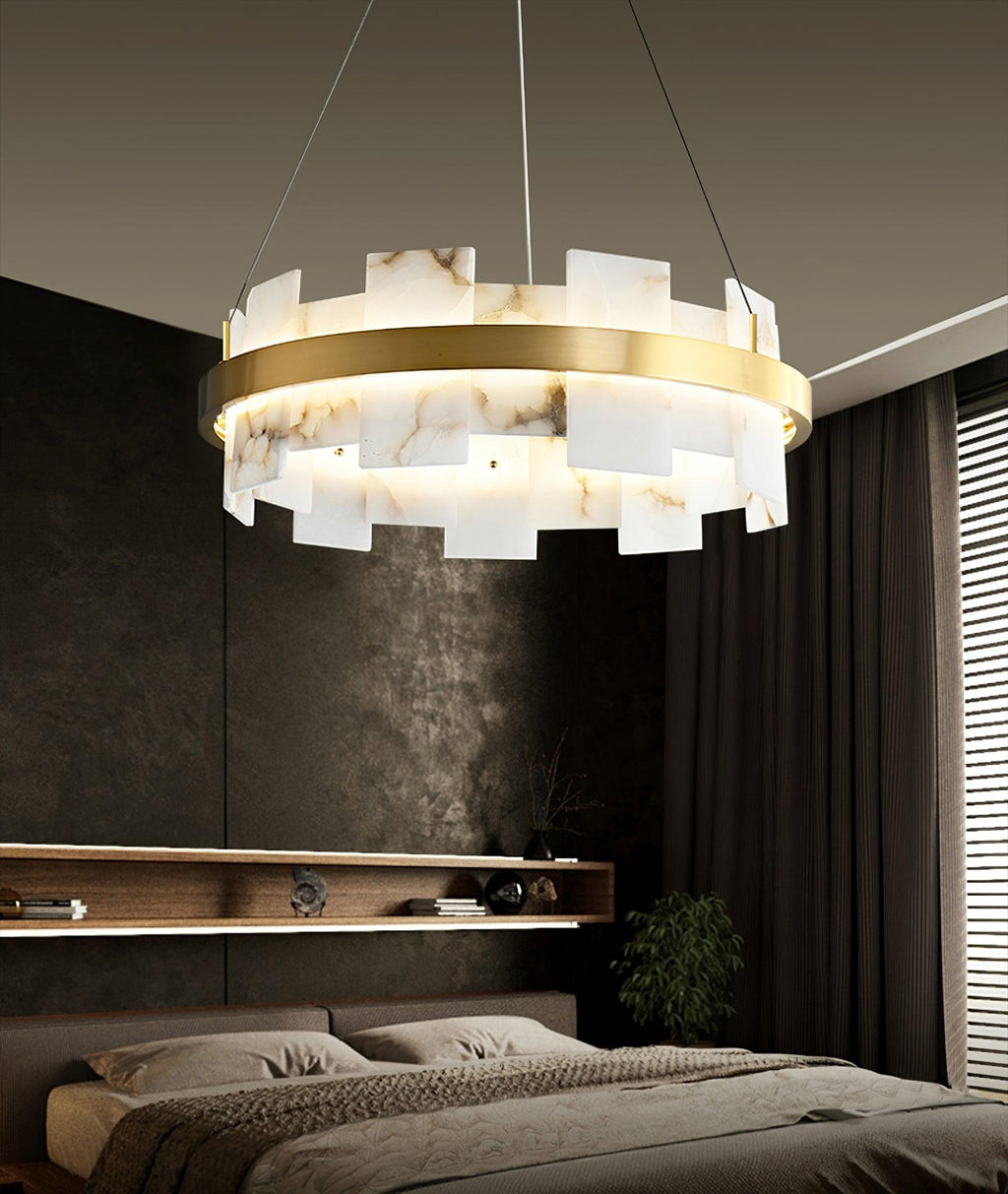 Alabaster Halo Chandelier — Brass Ring Alabaster Ceiling Light for Dining Room