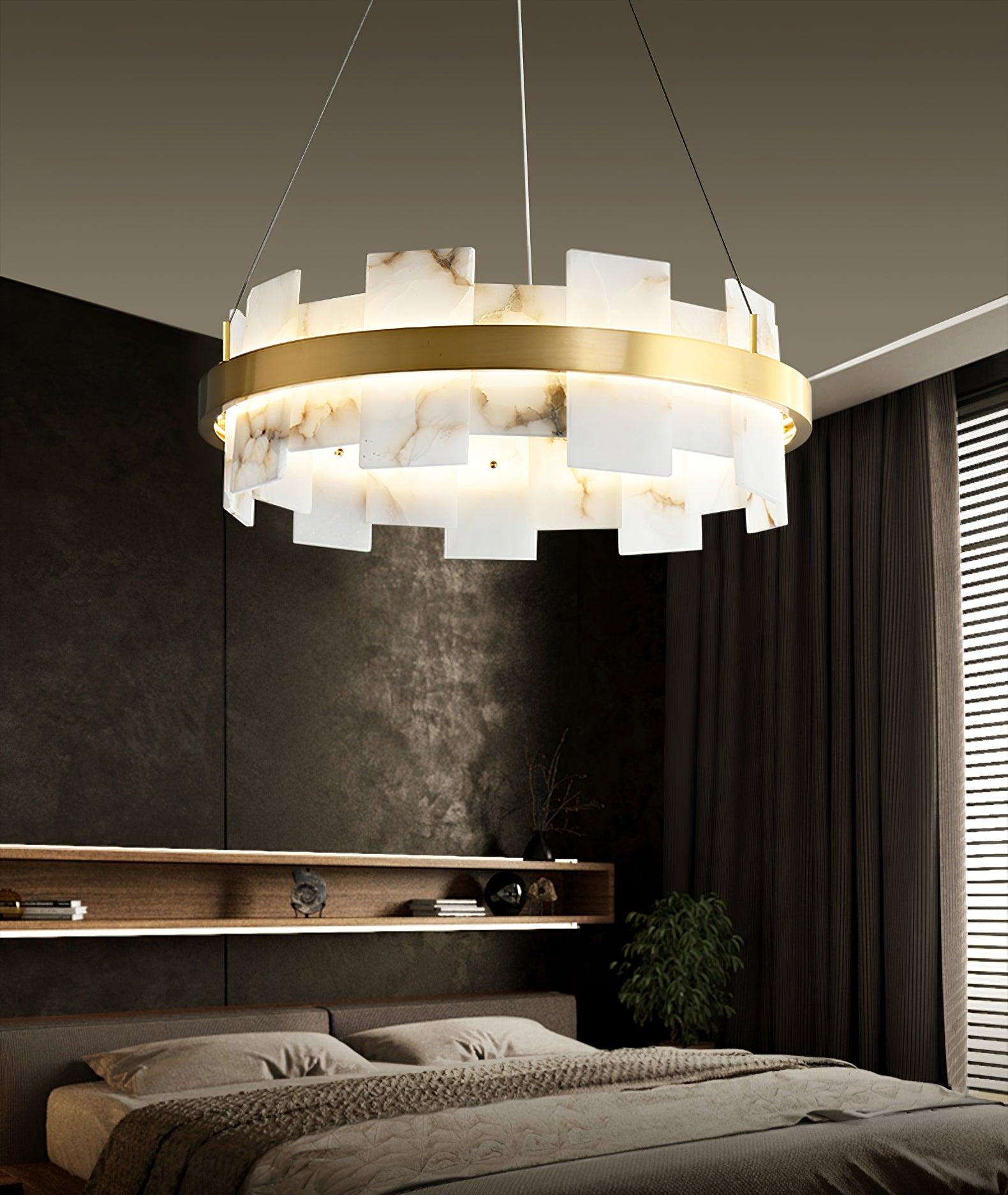 Alabaster Halo Chandelier — Brass Ring Alabaster Ceiling Light for Dining Room